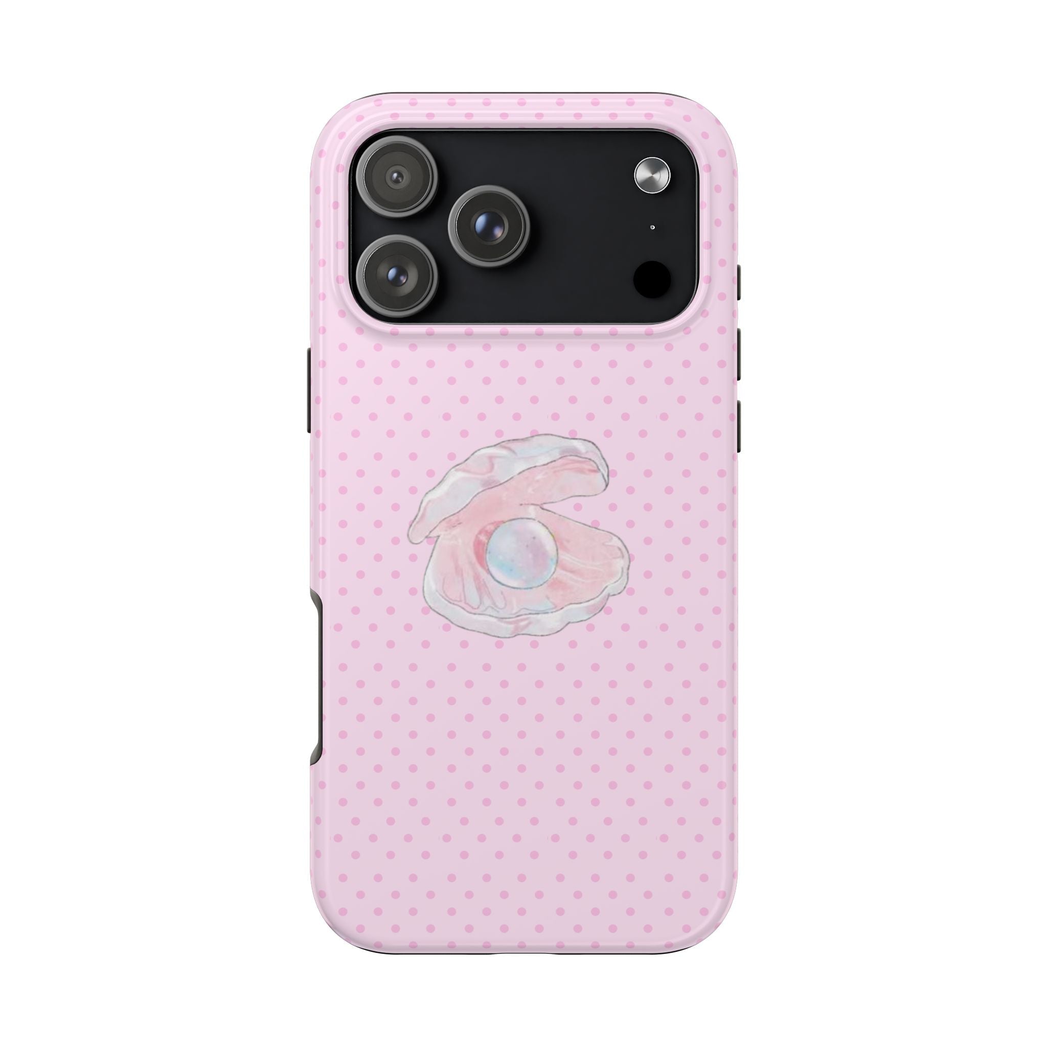Pink polka dot shell mermaid phone case with camera cutout and iridescent pearl