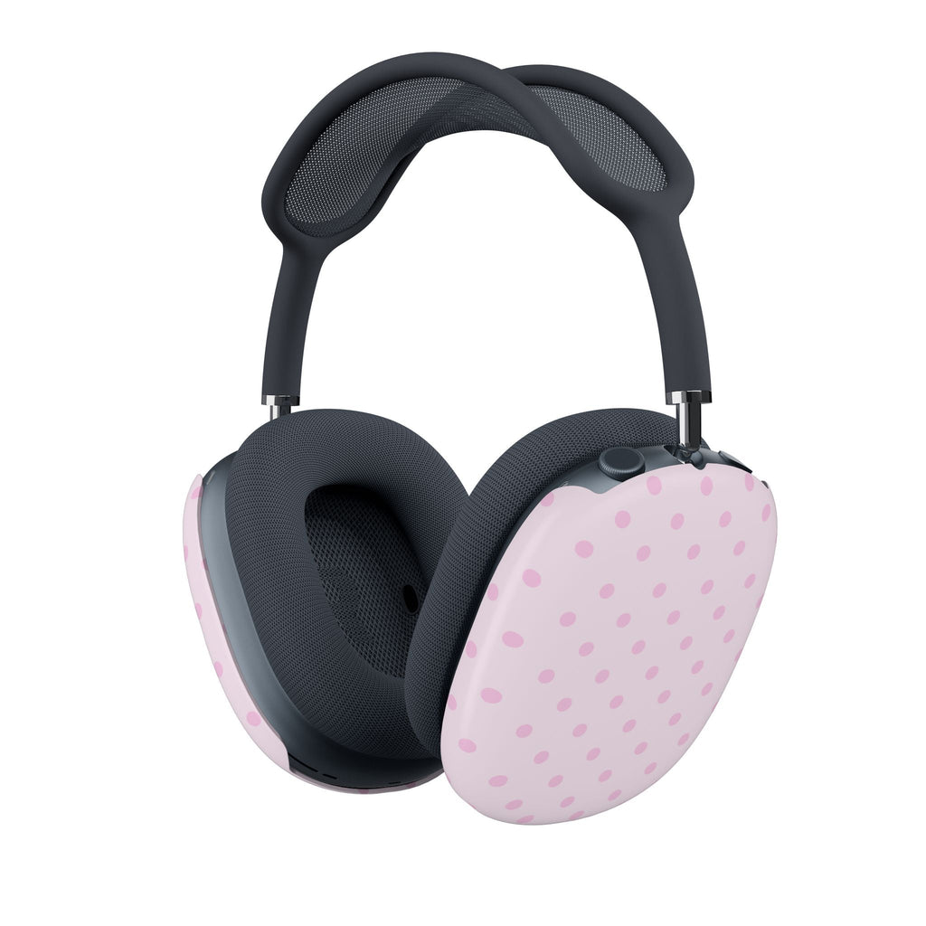 Pink AirPods Max case covers with light purple polka dots over both ear cushions