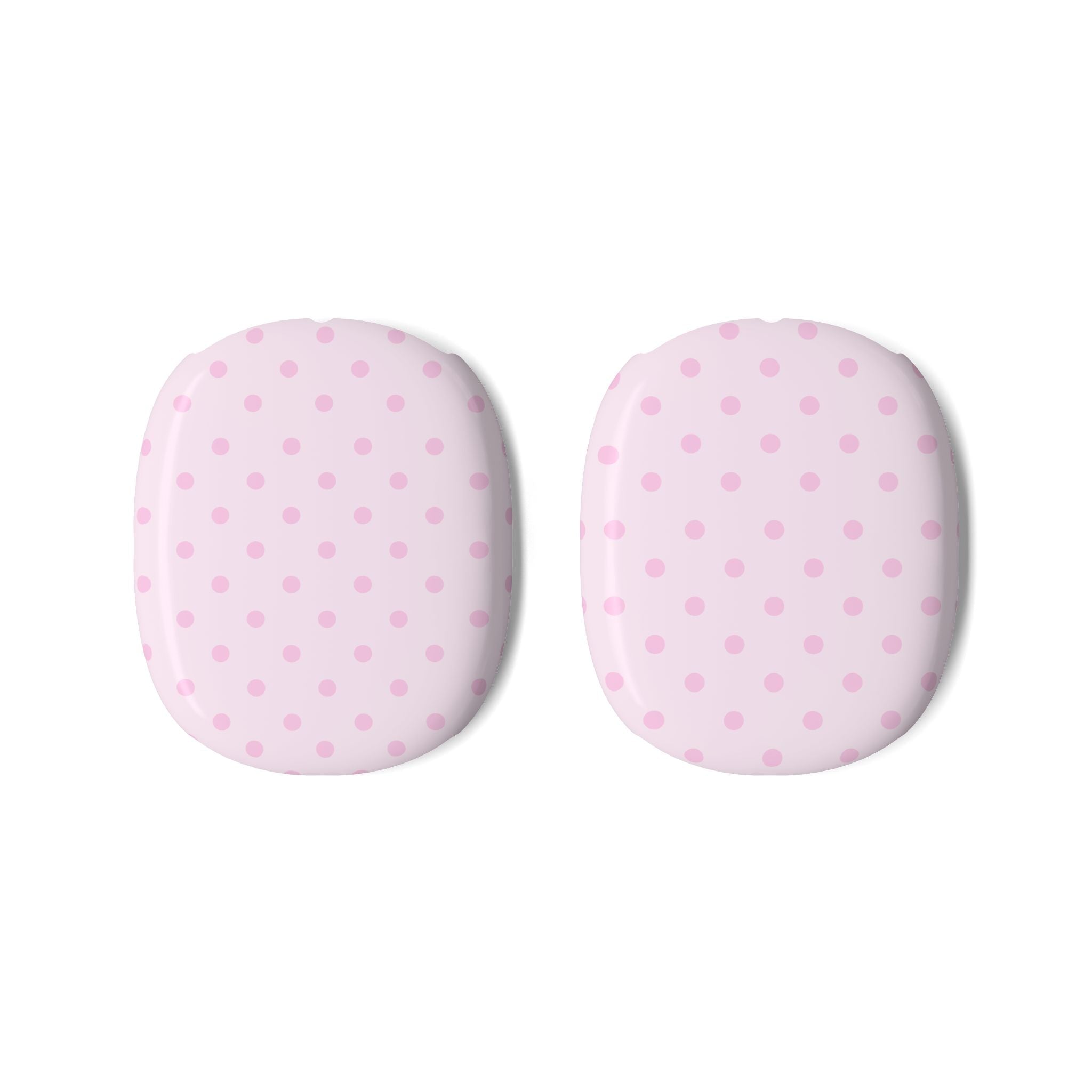 Pair of pink ear cushion covers with light purple polka dots for AirPods Max