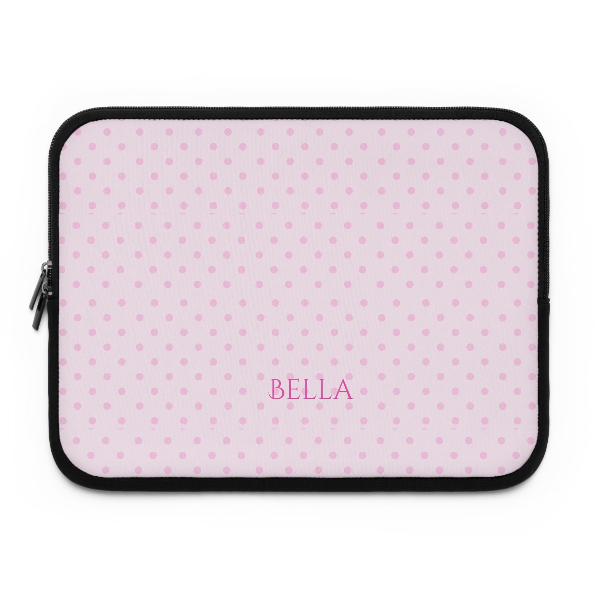 Pink polka dot device sleeve with black border and personalized name Bella