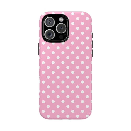 Pink phone case with white polka dots and large camera cutout