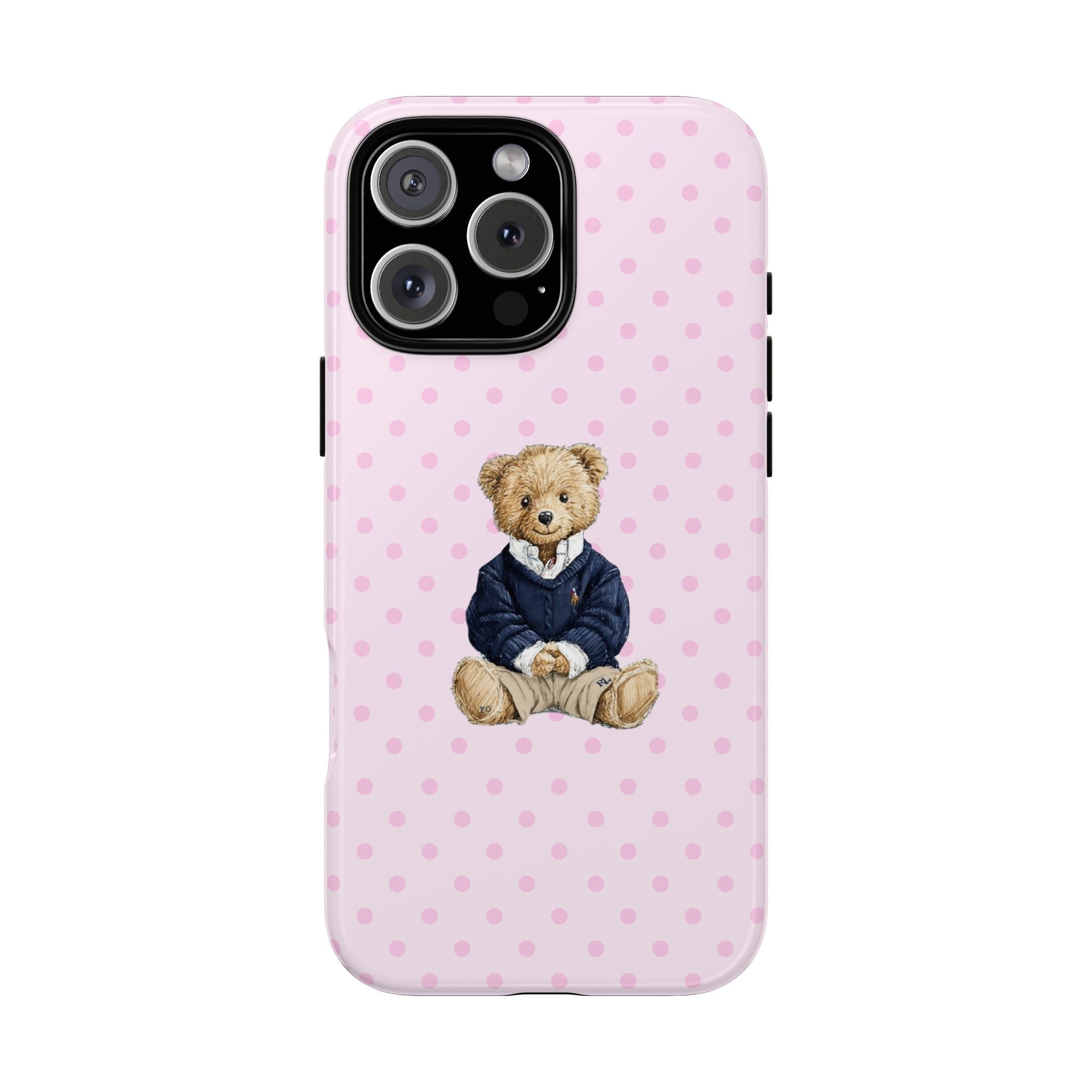 Pink phone case with polka dots and teddy bear in a navy jacket