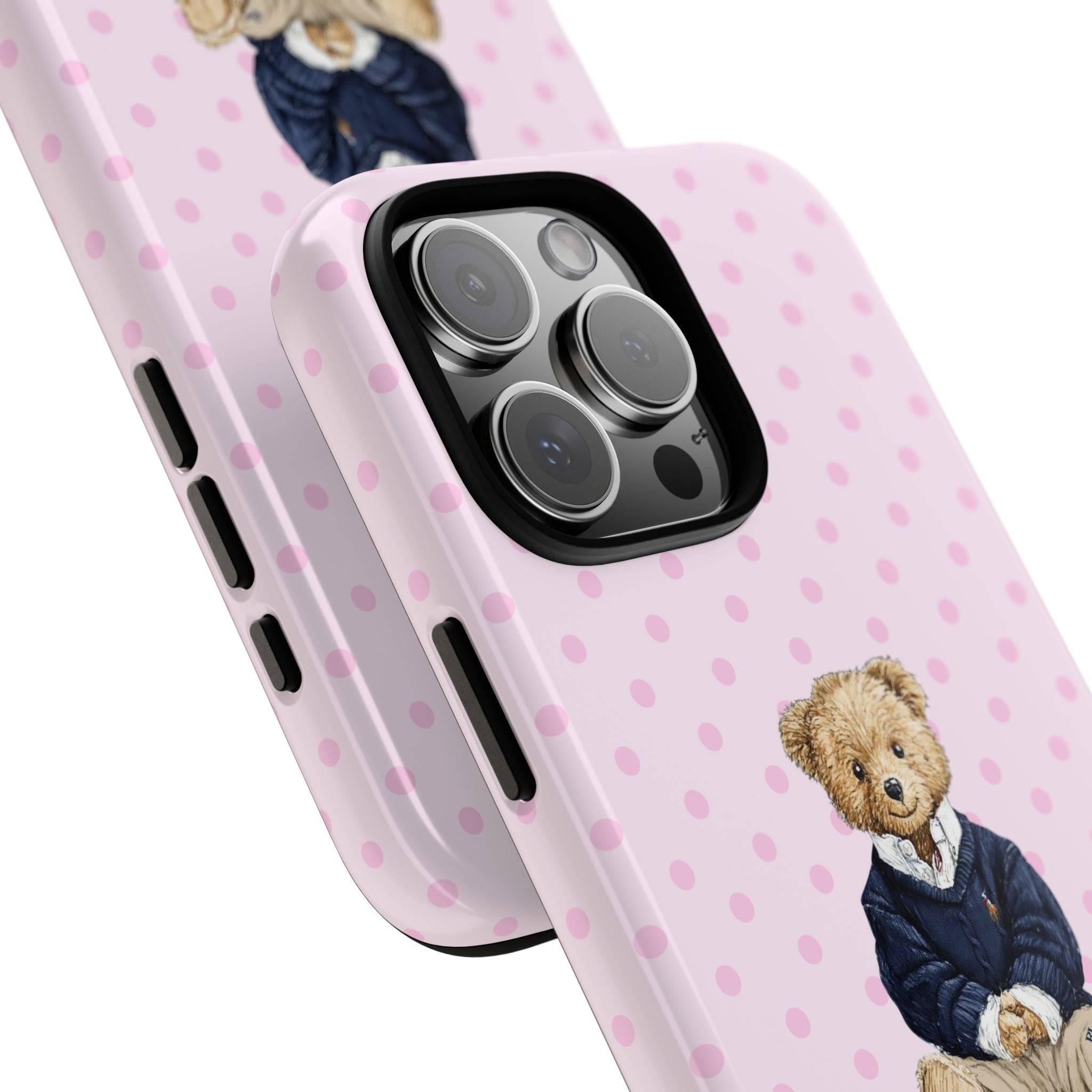 Pink polka dot phone case detail with teddy bear artwork and camera cutouts