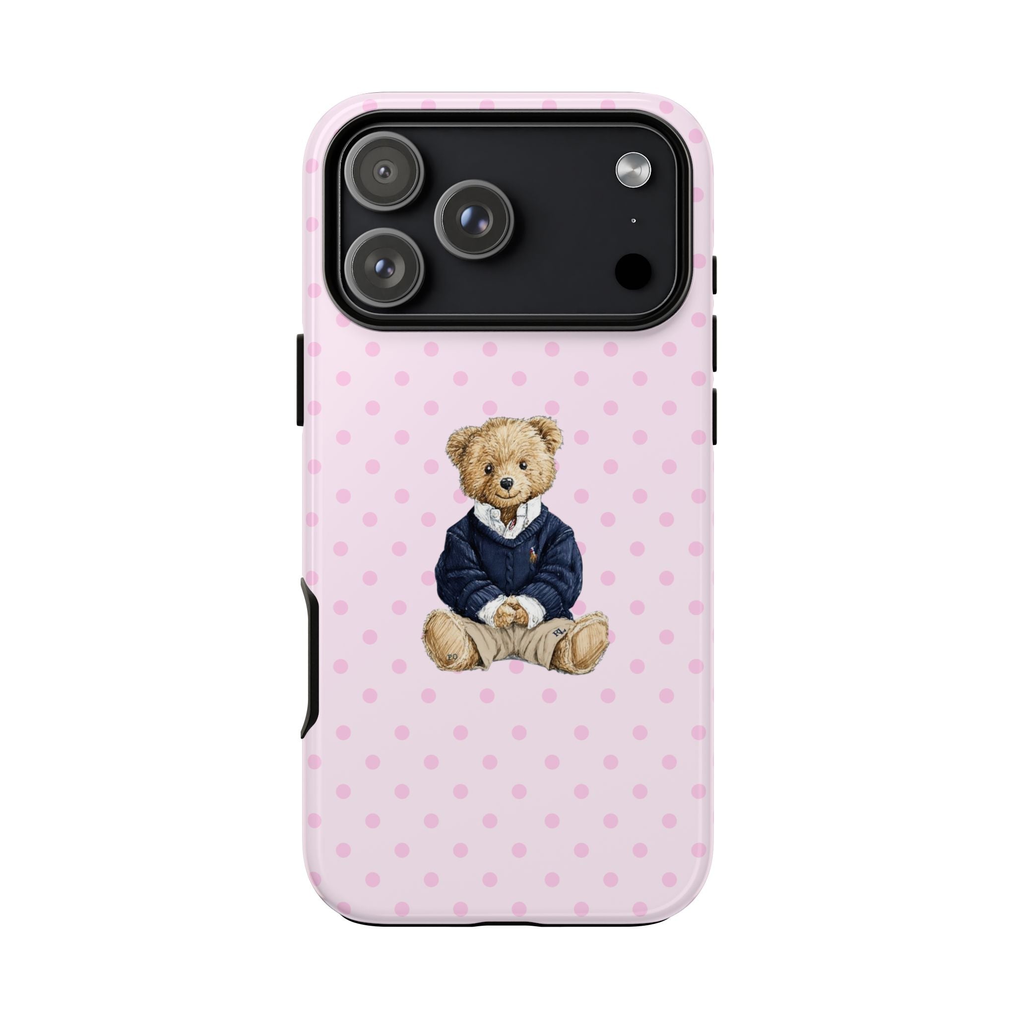 Pink polka dot phone case with cute teddy bear wearing a navy outfit