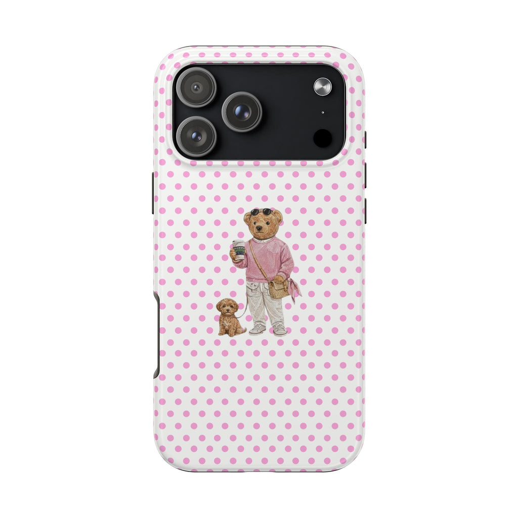 Pink polka dot phone case with teddy-bear puppy illustration and camera cutouts
