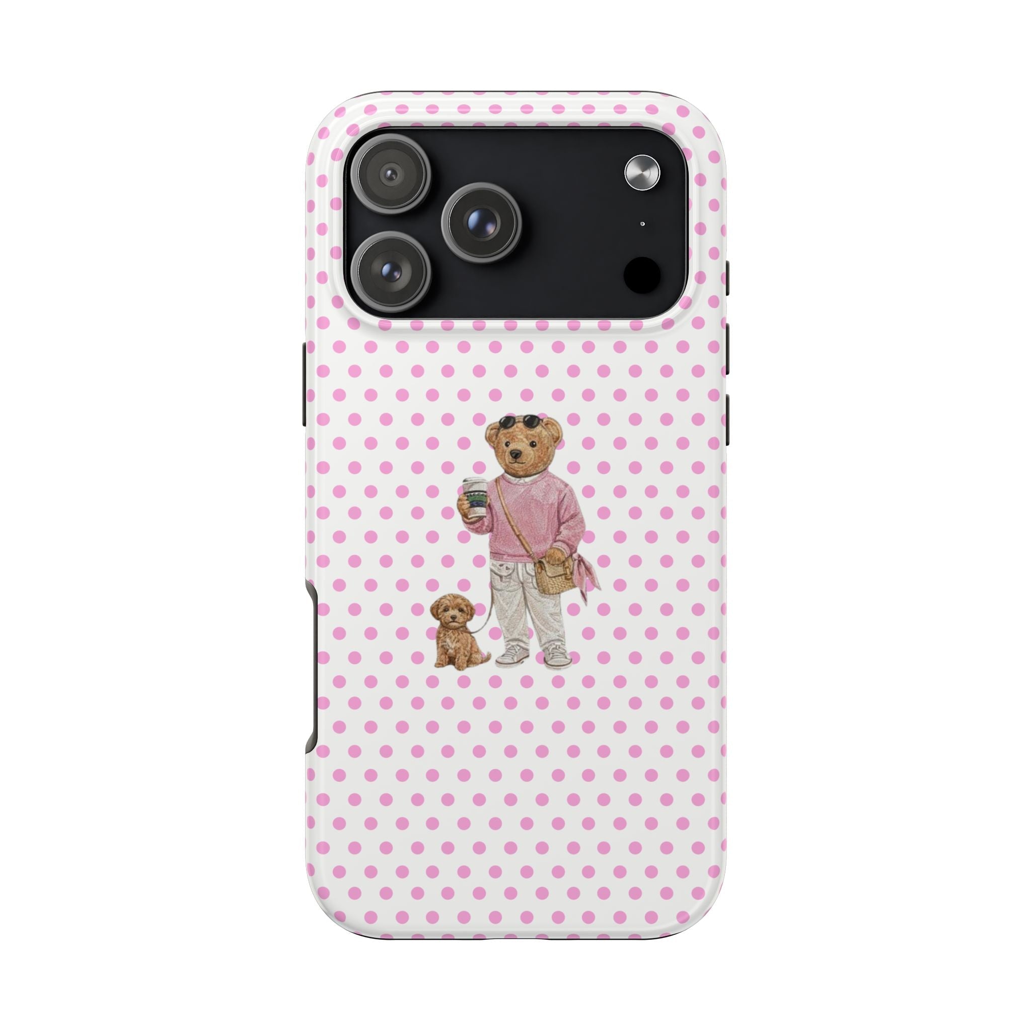 Pink polka dot phone case with teddy-bear puppy illustration and camera cutouts