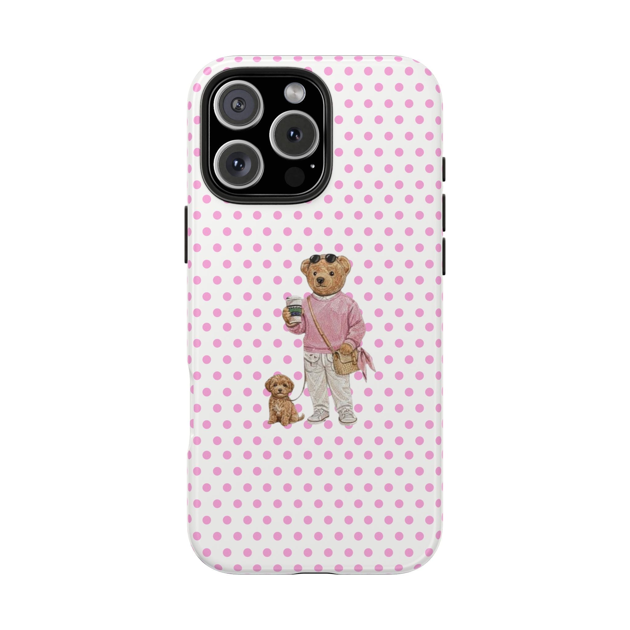 Pink polka dot phone case with teddy-bear puppy figure on back
