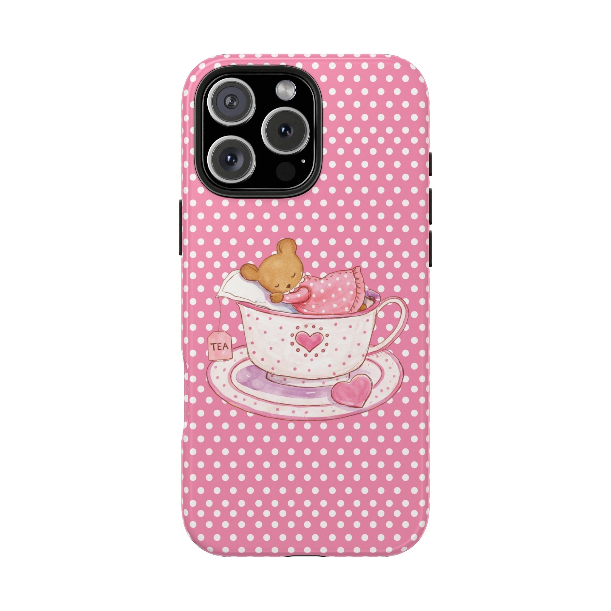 Pink polka-dot phone case with teddy bear in a tea cup and saucer graphic
