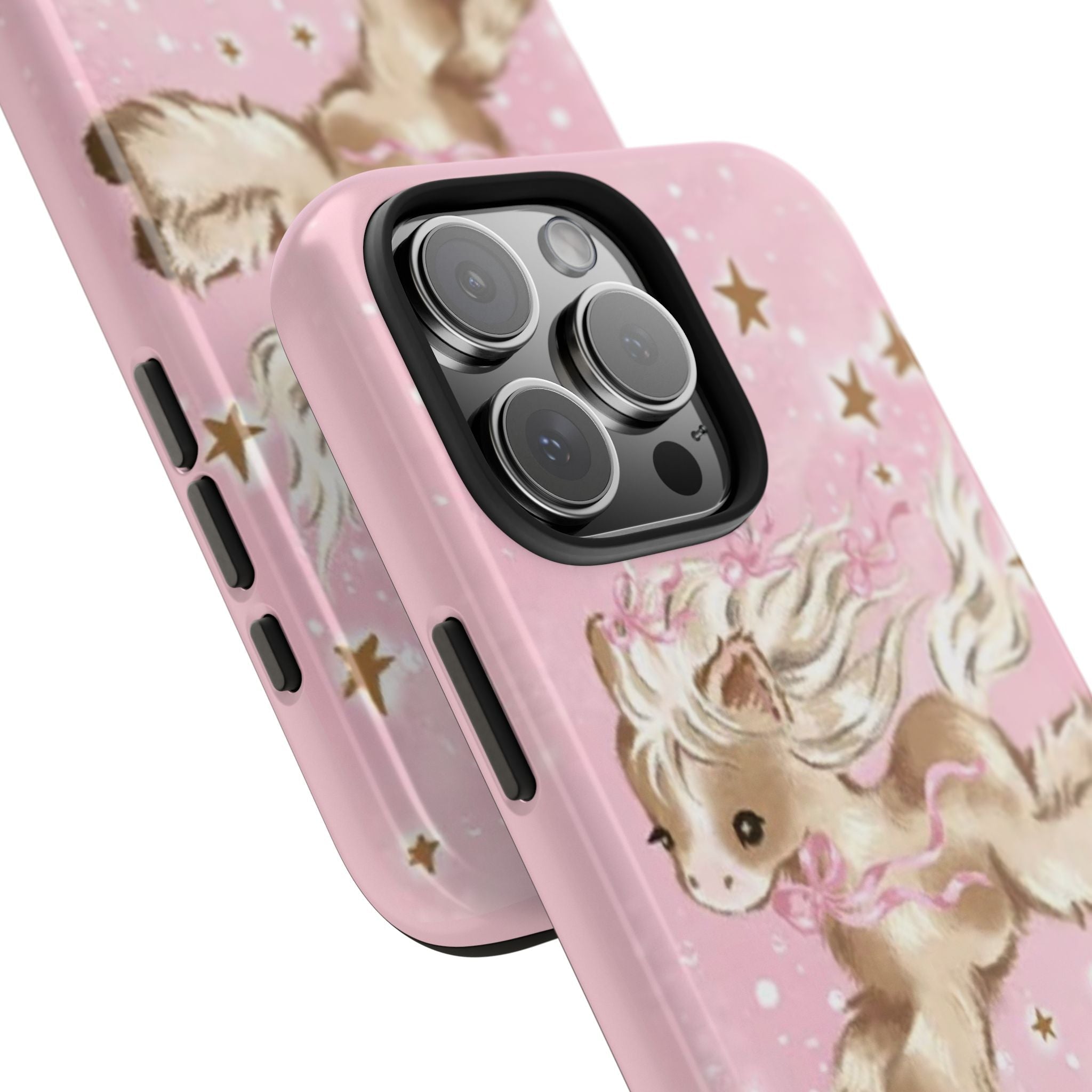 Pink unicorn pony phone case angled view, gold stars pattern on the back