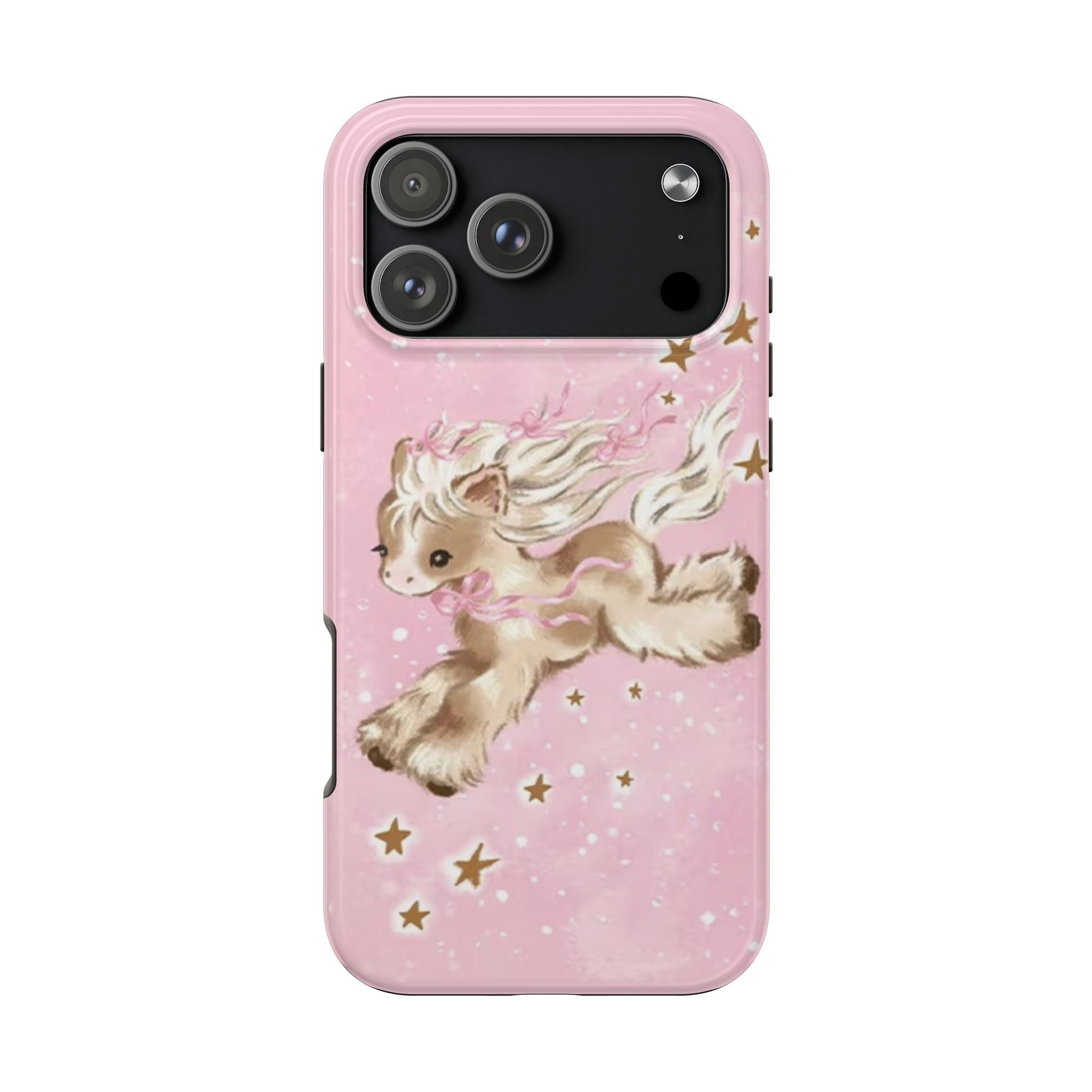 Pink phone case featuring unicorn pony illustration with scattered gold star accents
