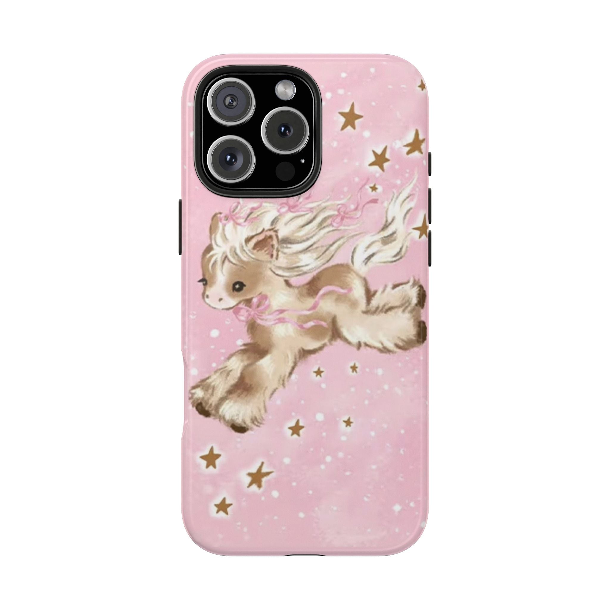Pink phone case with unicorn pony and gold stars, camera cutouts visible