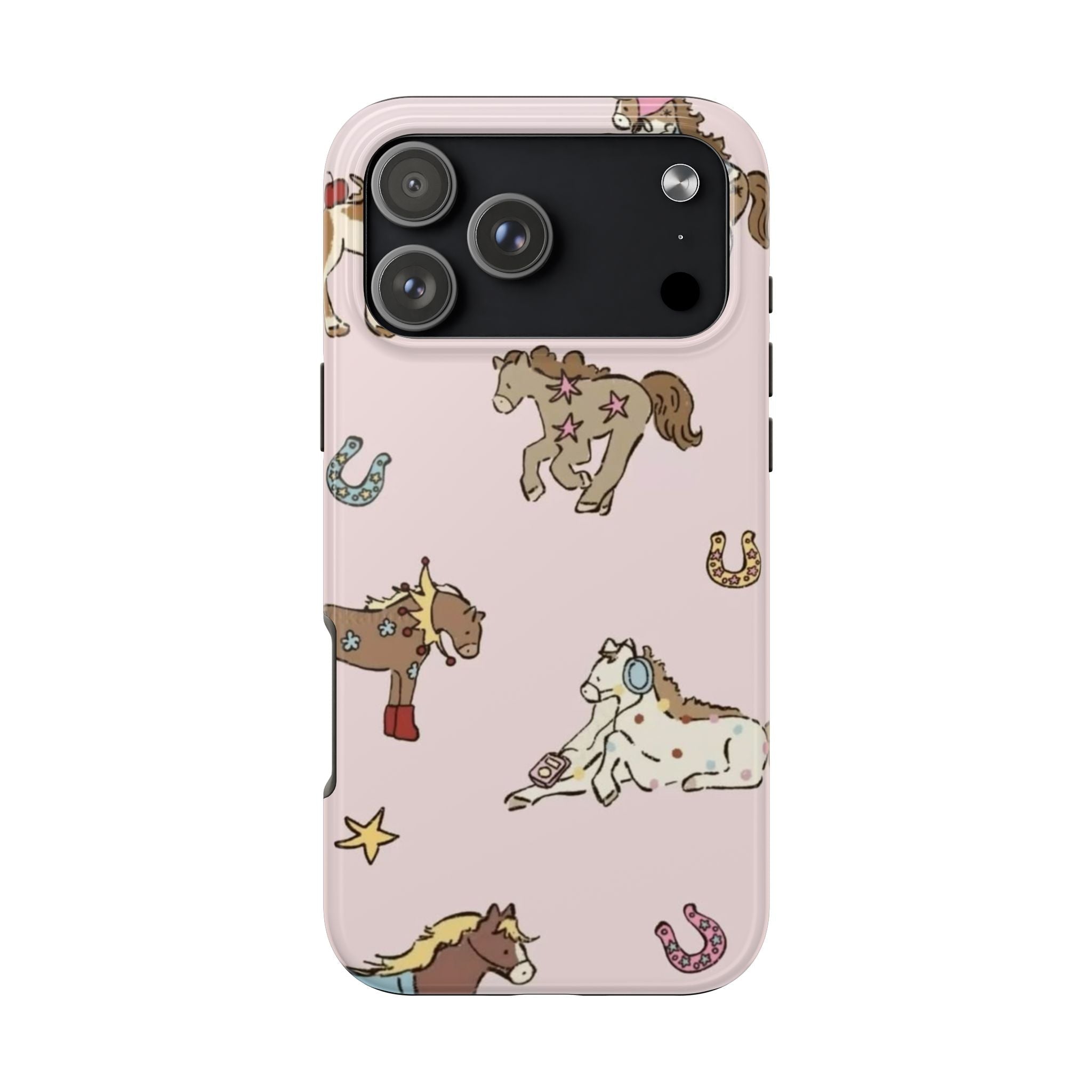 Light pink western phone case with playful pony pattern and camera opening on the back