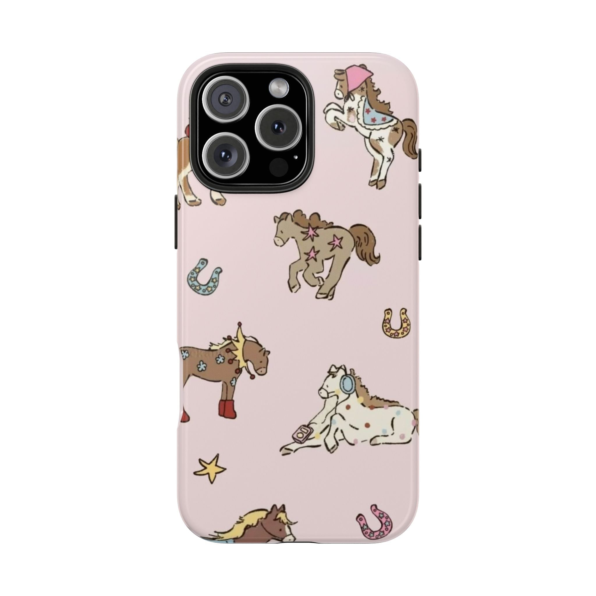 Pink cowboy pony phone case with scattered horse and star illustrations, front camera cutout