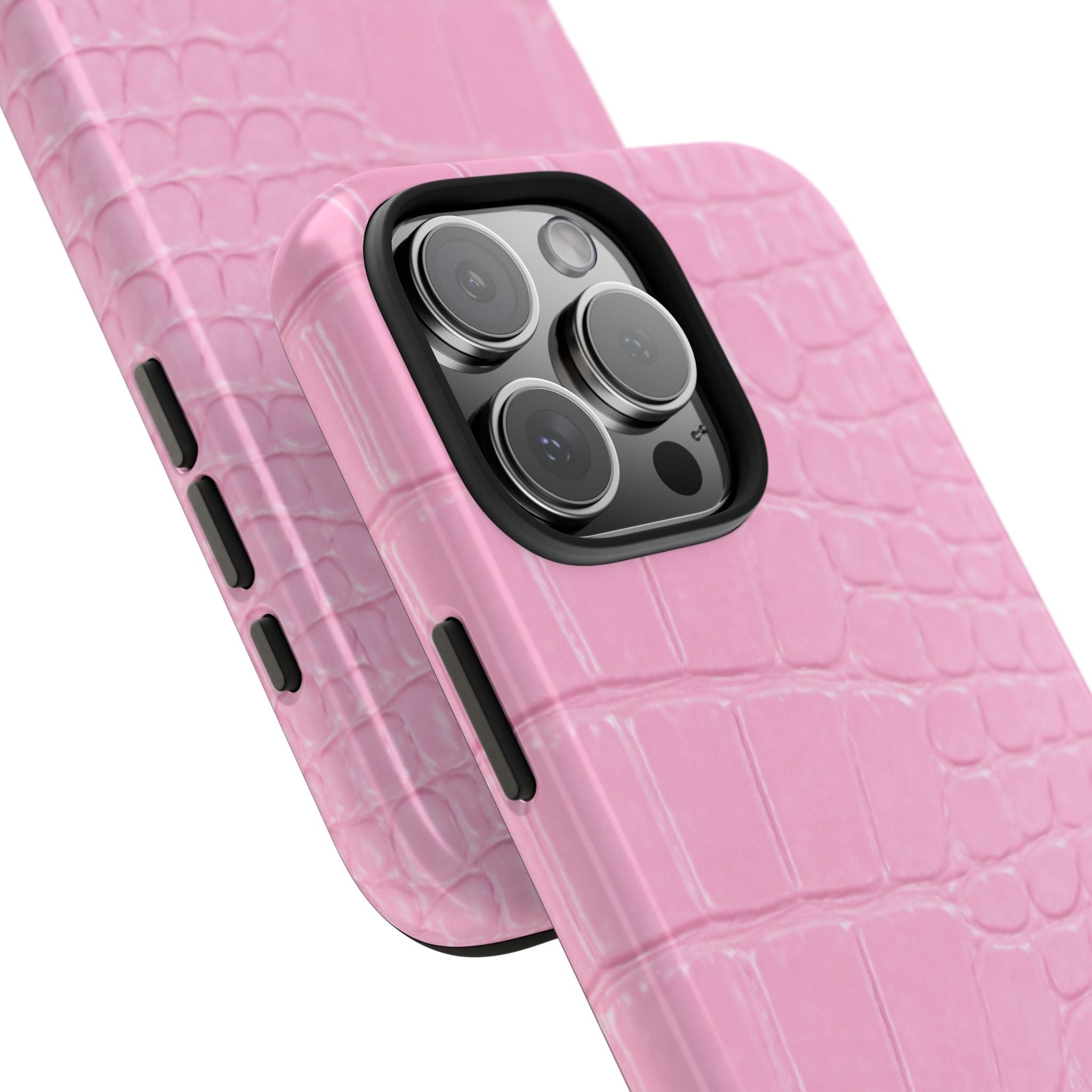 Pink croc phone case showing side cutouts and detailed camera area
