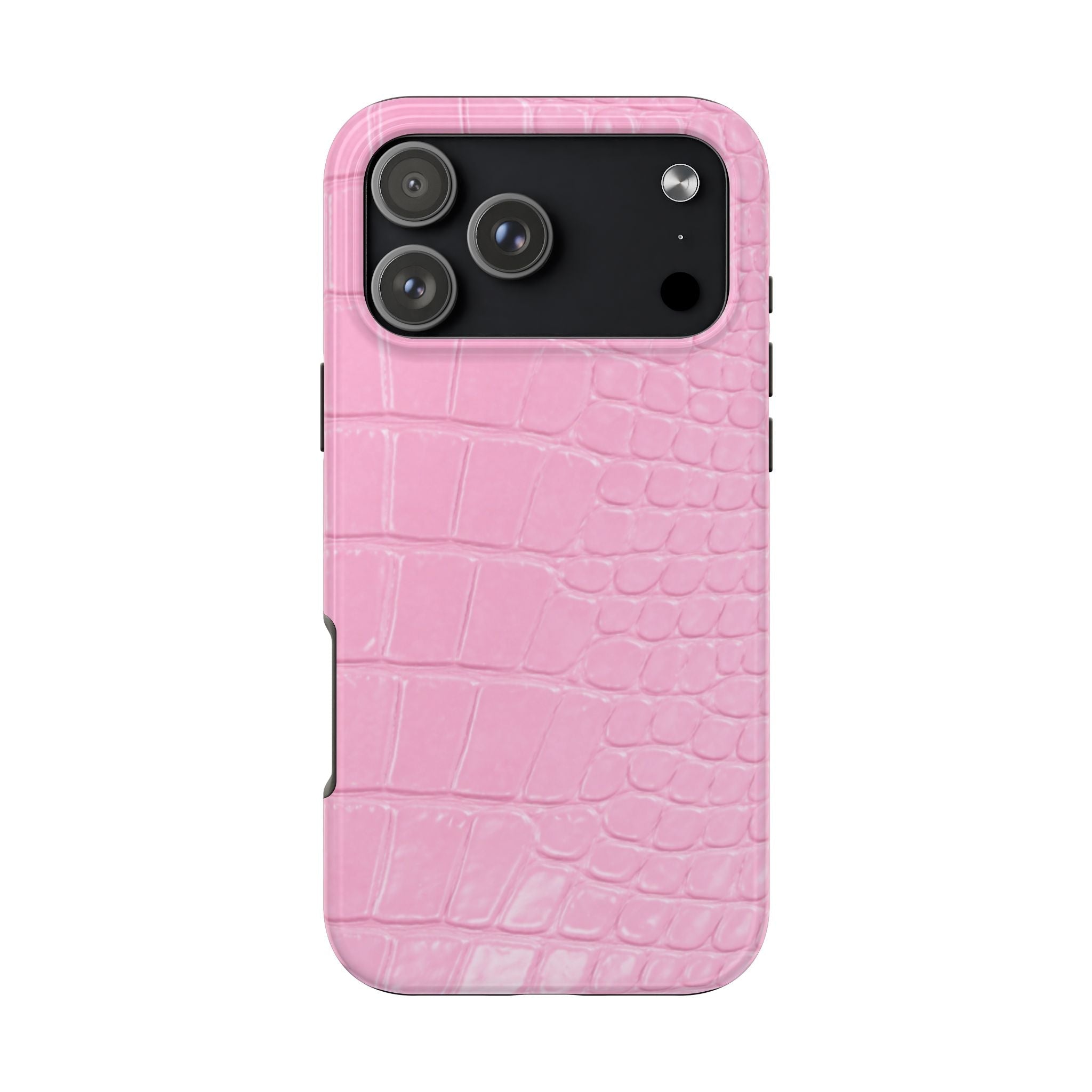 Pink croc-printed phone case with raised camera cutout