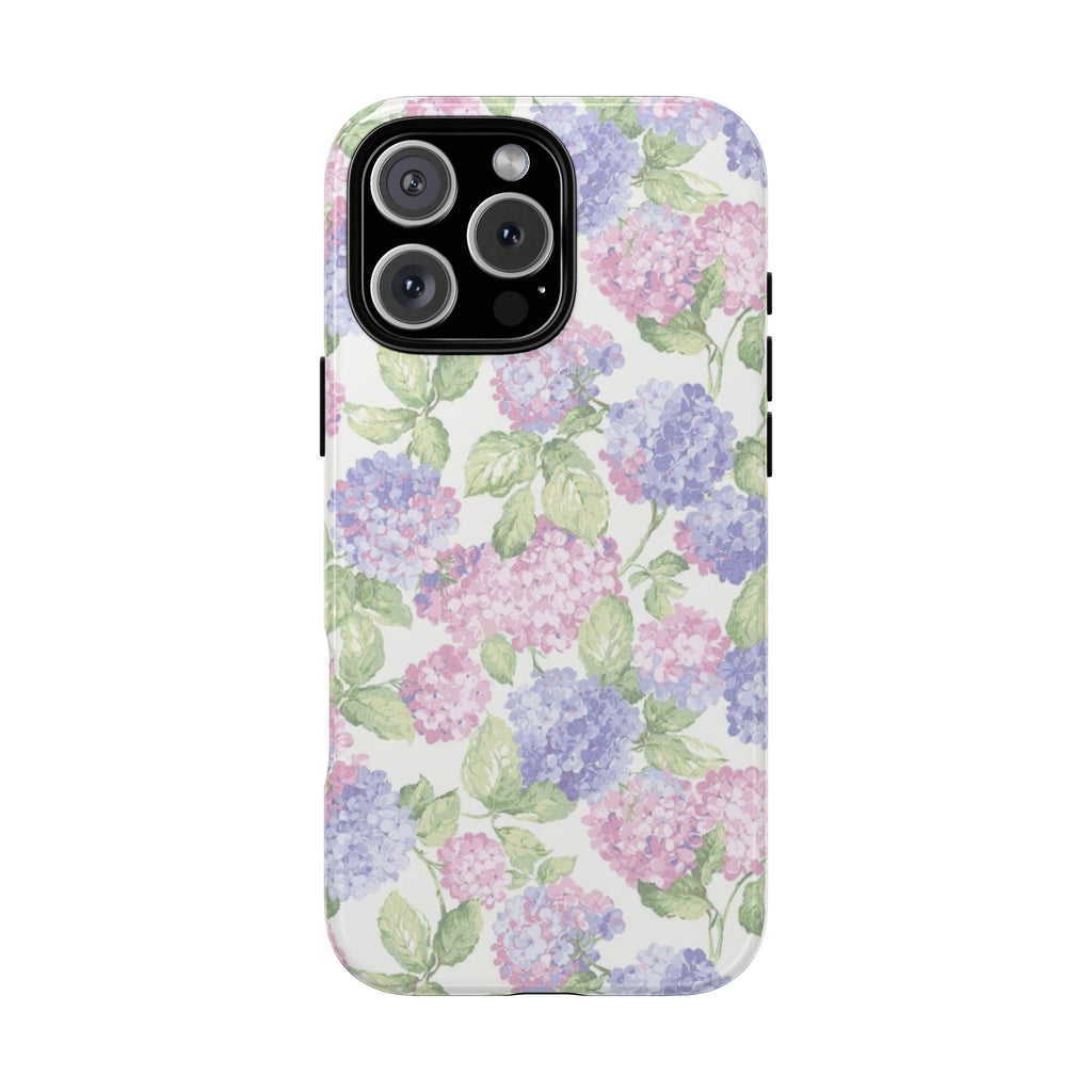Pink and purple hydrangea floral phone case with green leaves, full wrap design