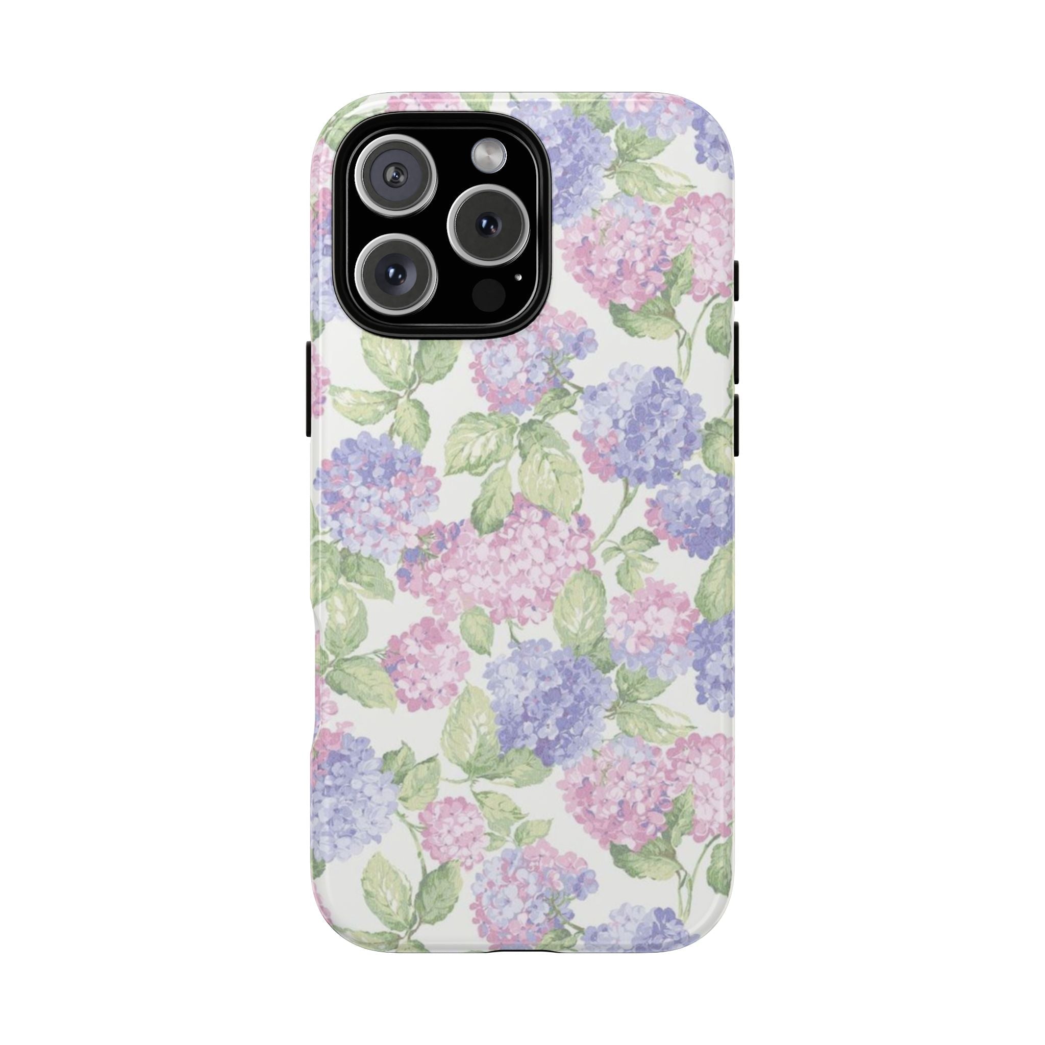 Pink and purple hydrangea floral phone case with green leaves, full wrap design