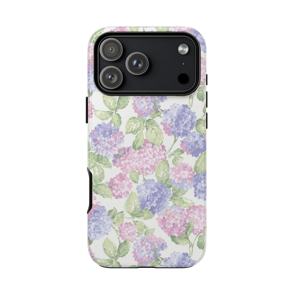 Pink and purple hydrangea-pattern phone case with green leaves and camera lens openings