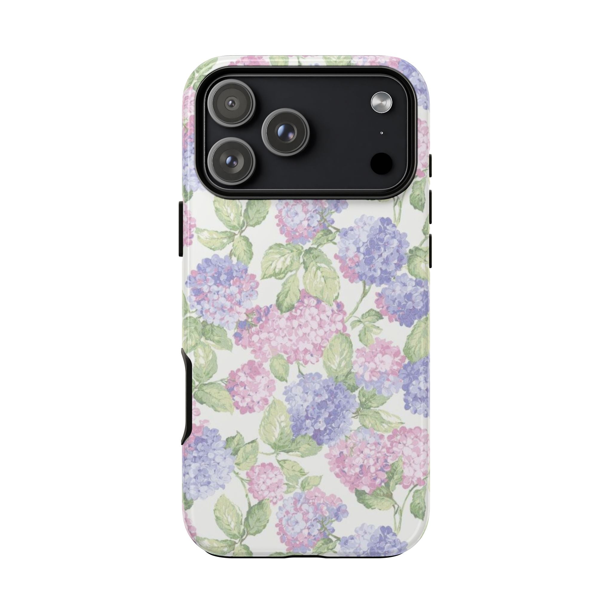 Pink and purple hydrangea-pattern phone case with green leaves and camera lens openings