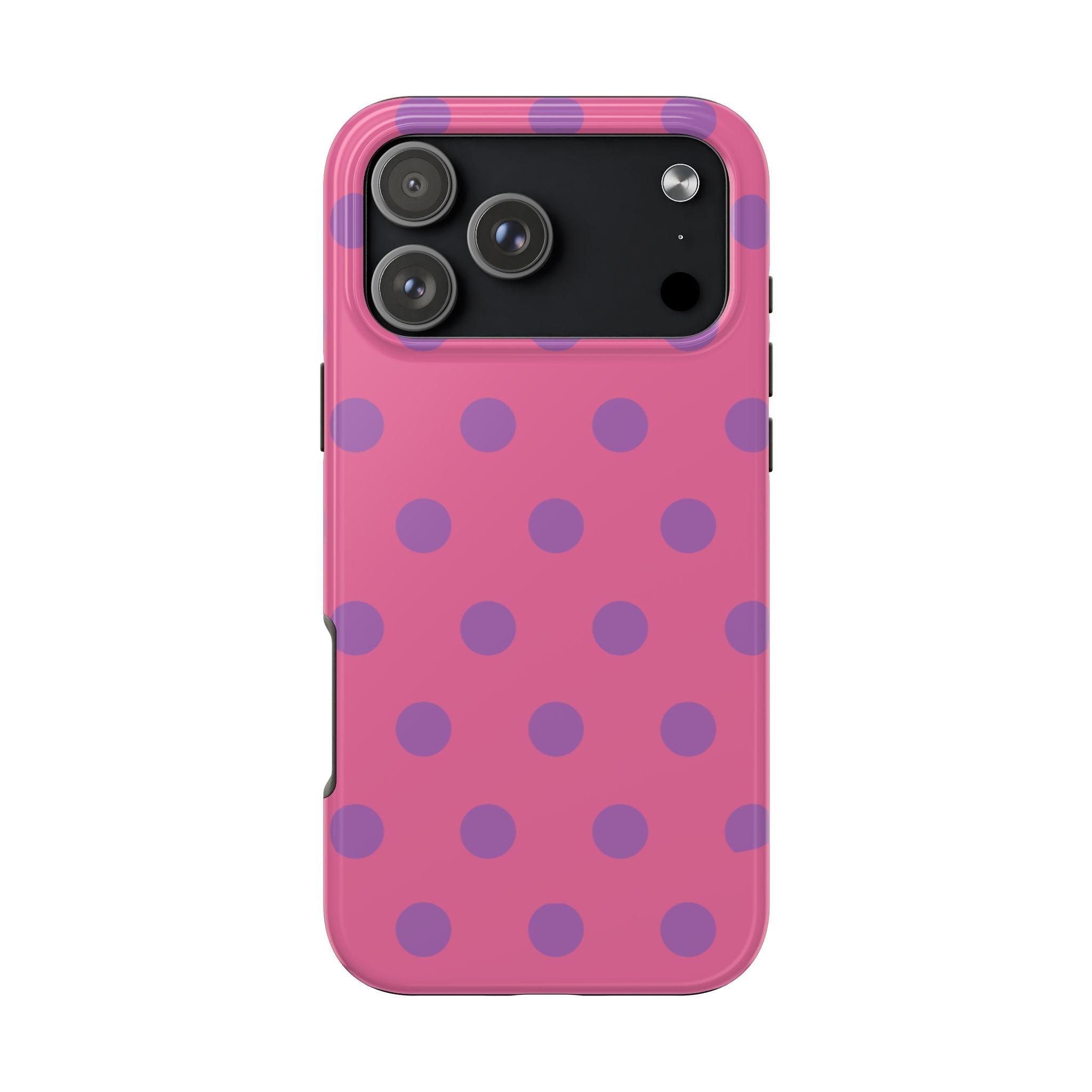 Pink polka dot phone case with purple dots and black camera cutout