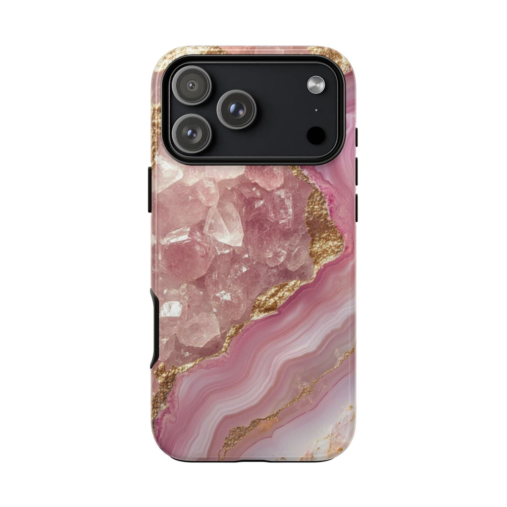Pink quartz and white agate-style phone case with gold accents, black camera panel