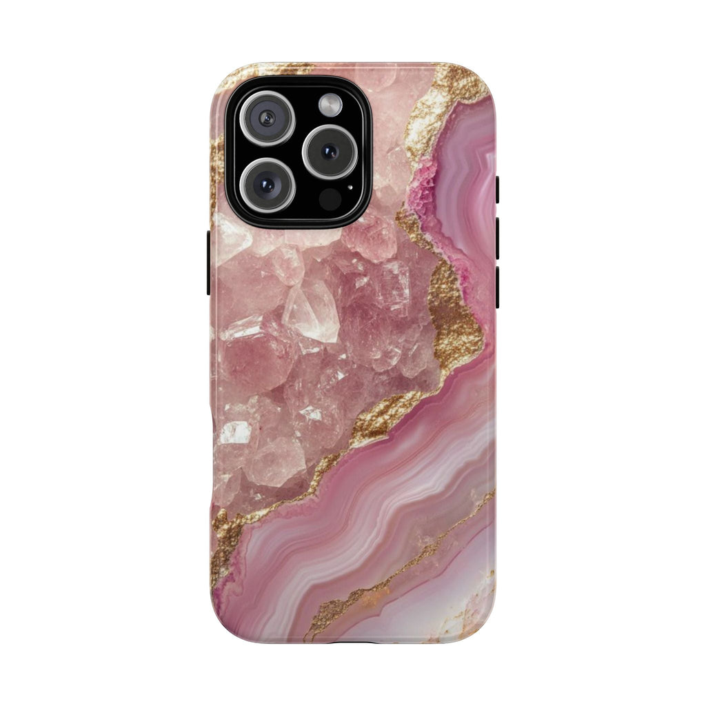 Pink quartz stone phone case with gold veined accents and black camera cutout