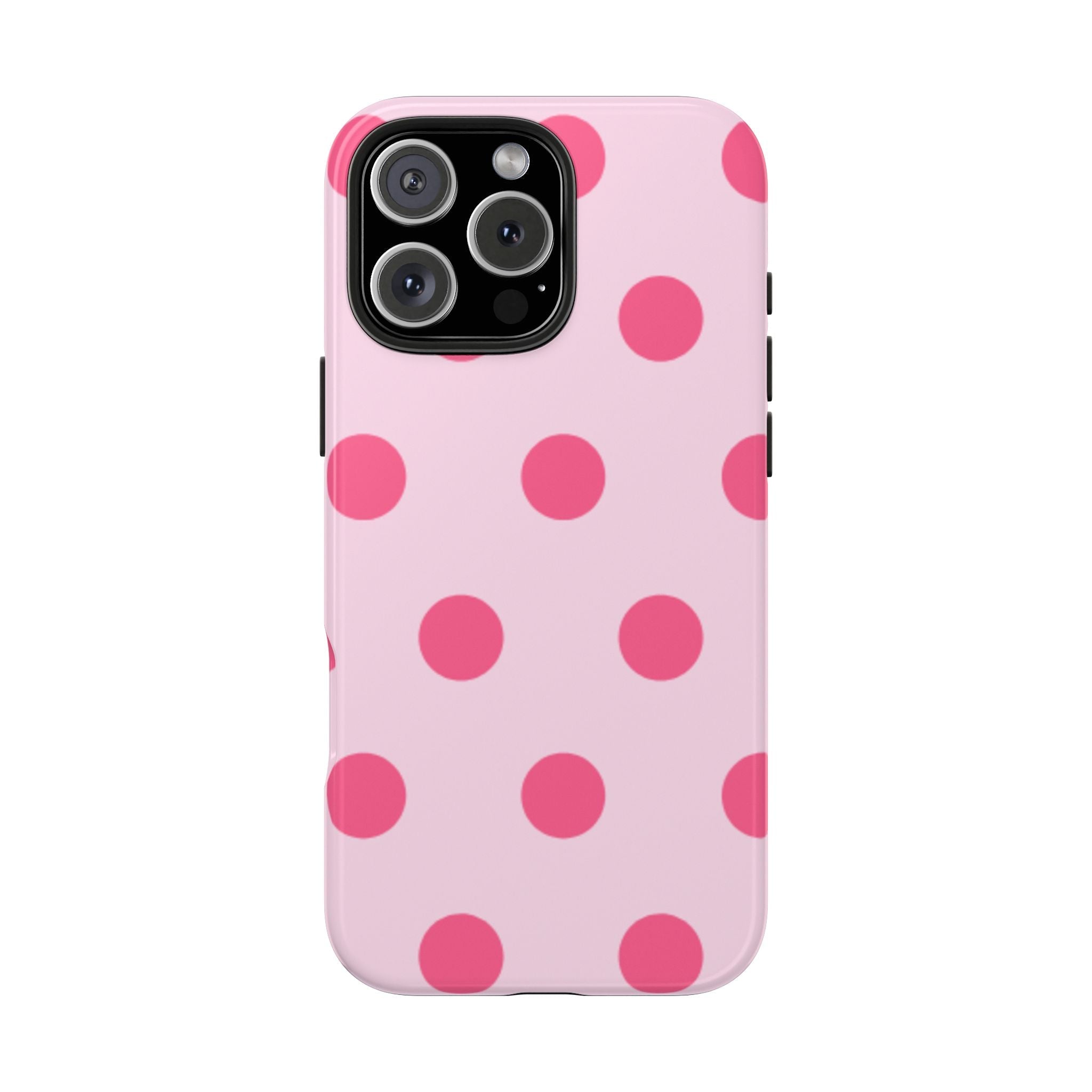 Pink polka dot phone case with raised camera frame and side button openings