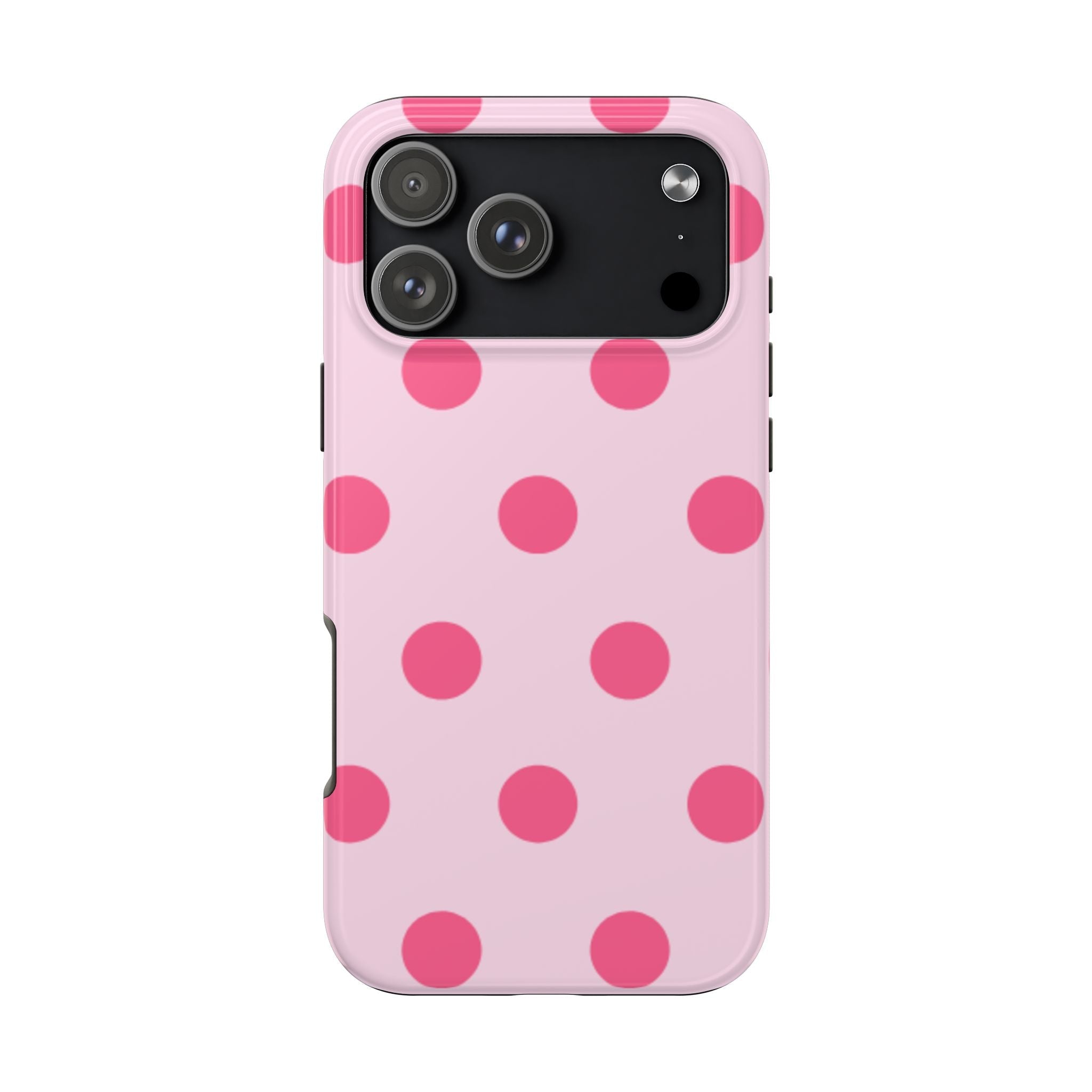 Pink phone case with bright pink polka dots and camera cutout