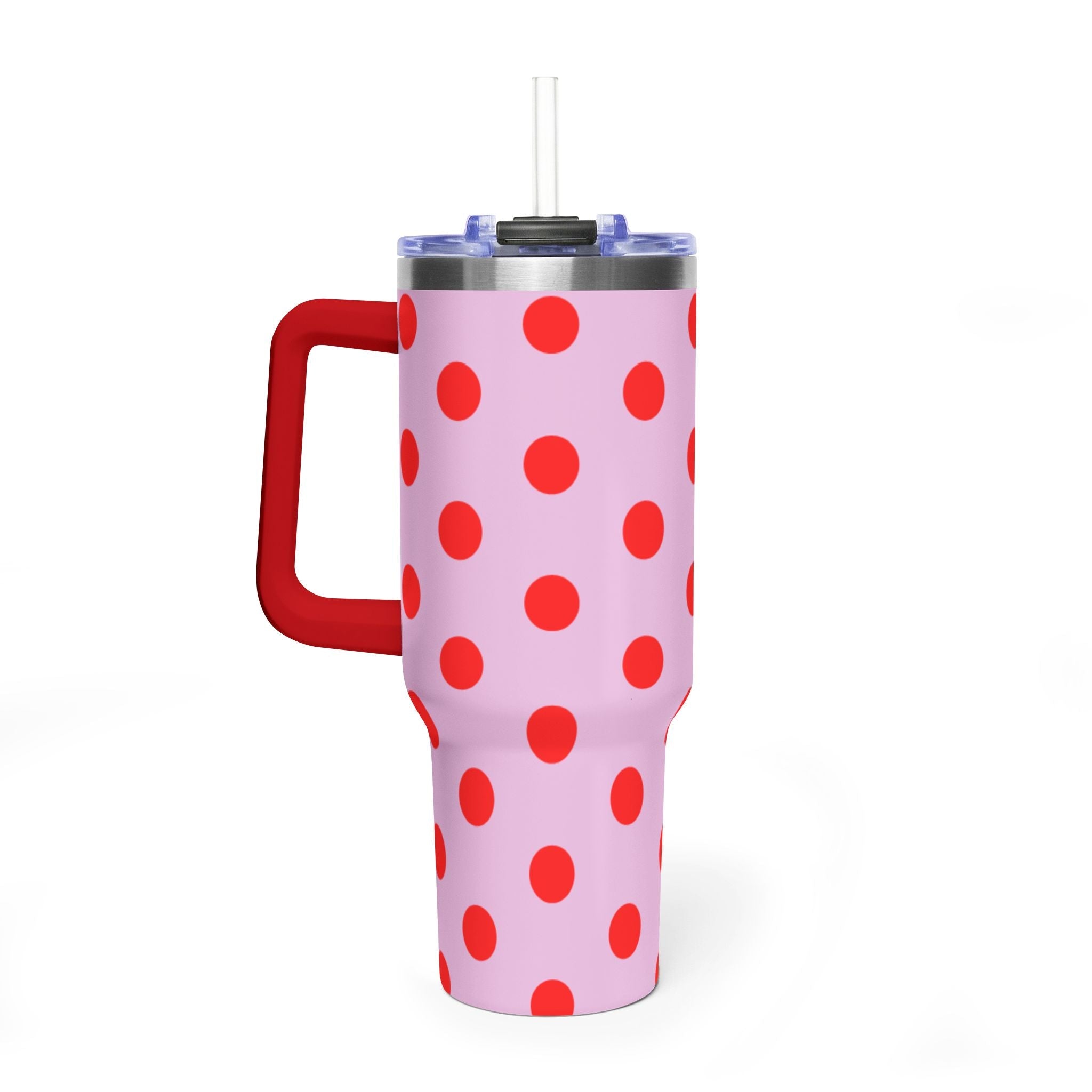 40oz pink stainless tumbler with red polka dots and red side handle
