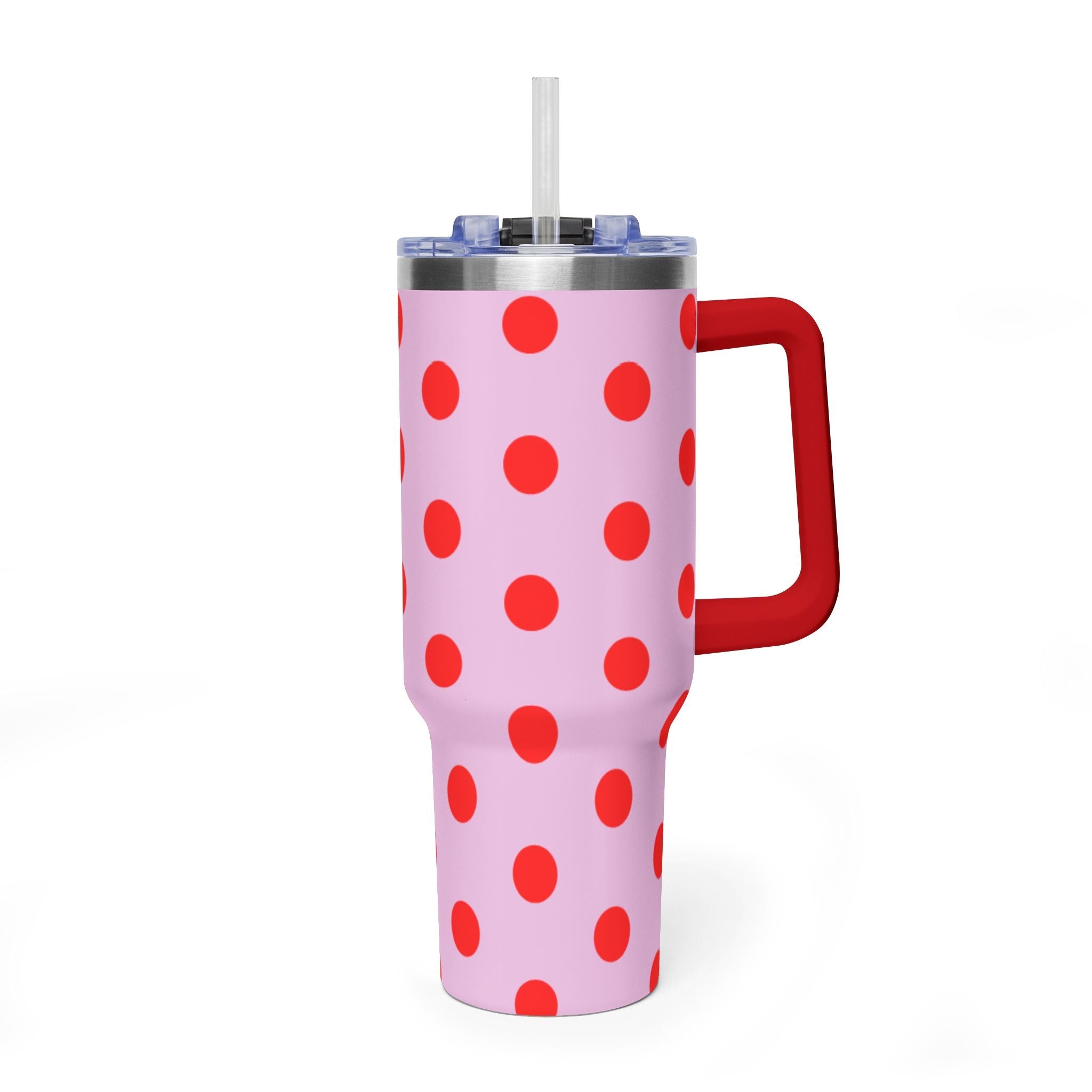 40oz pink stainless tumbler with red polka dots, clear straw lid