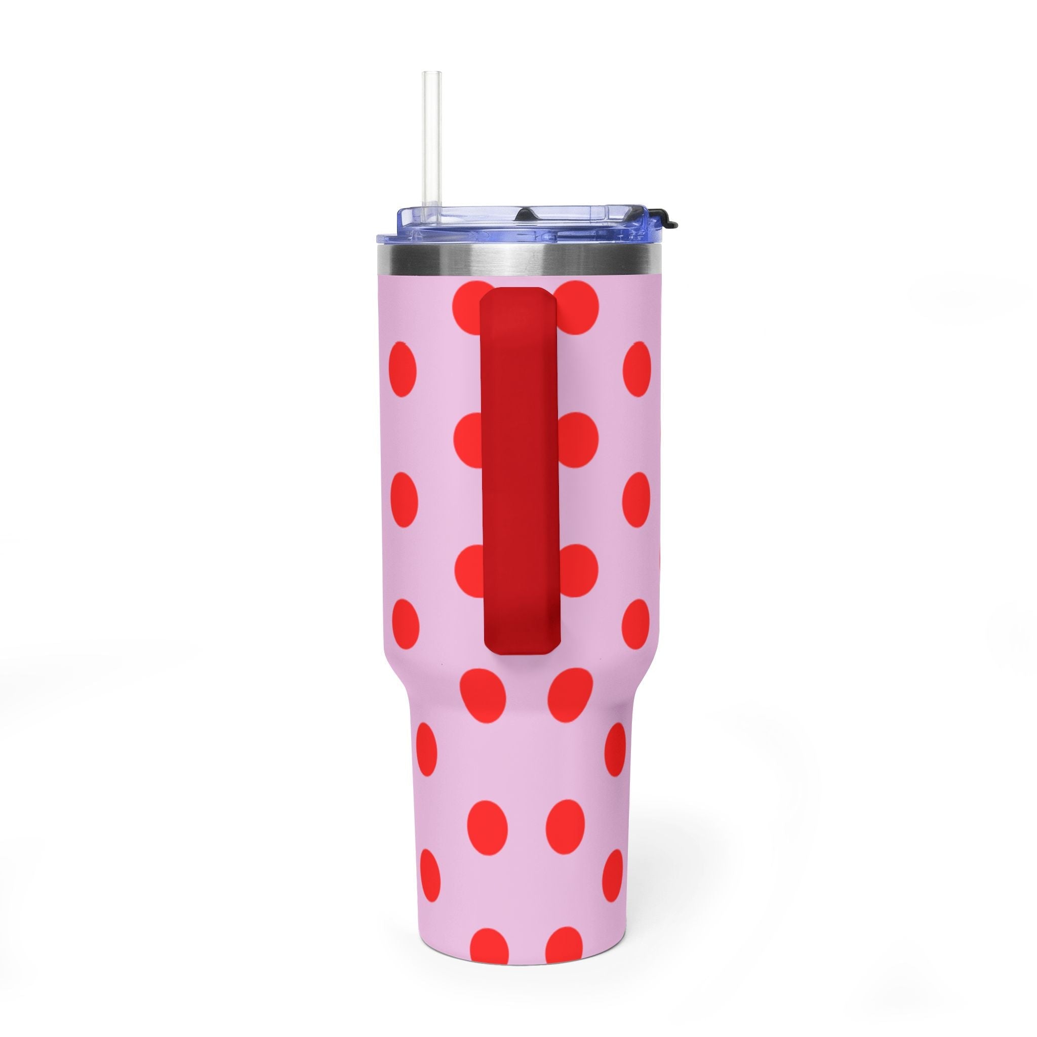 Pink 40oz tumbler with red polka dots and red drink spout cover