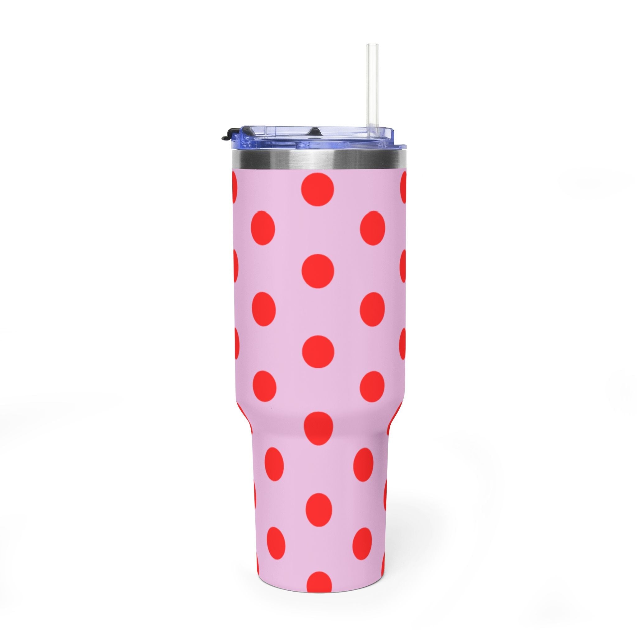 40oz pink tumbler with red polka dots, clear lid and straw