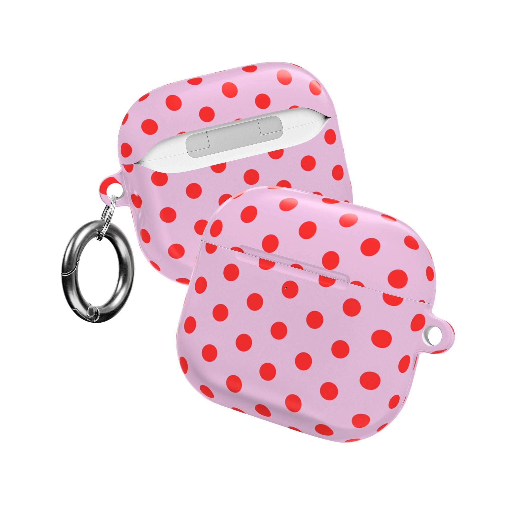 Pink AirPod case with red polka dots, front ports cutout and key ring attached