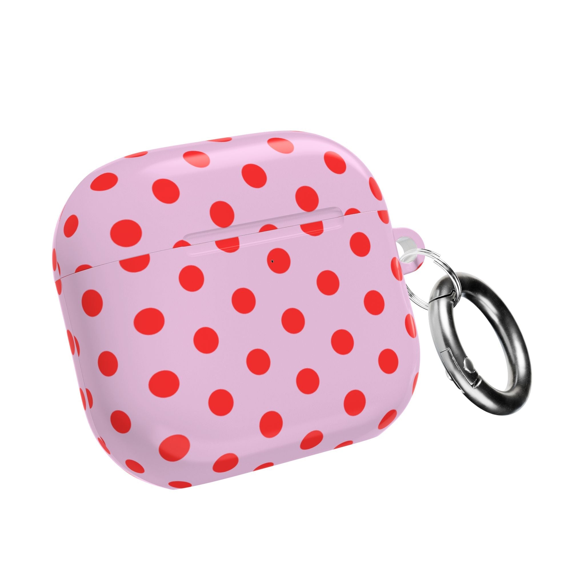 Pink AirPod case with red polka dots, closed lid with metal key ring