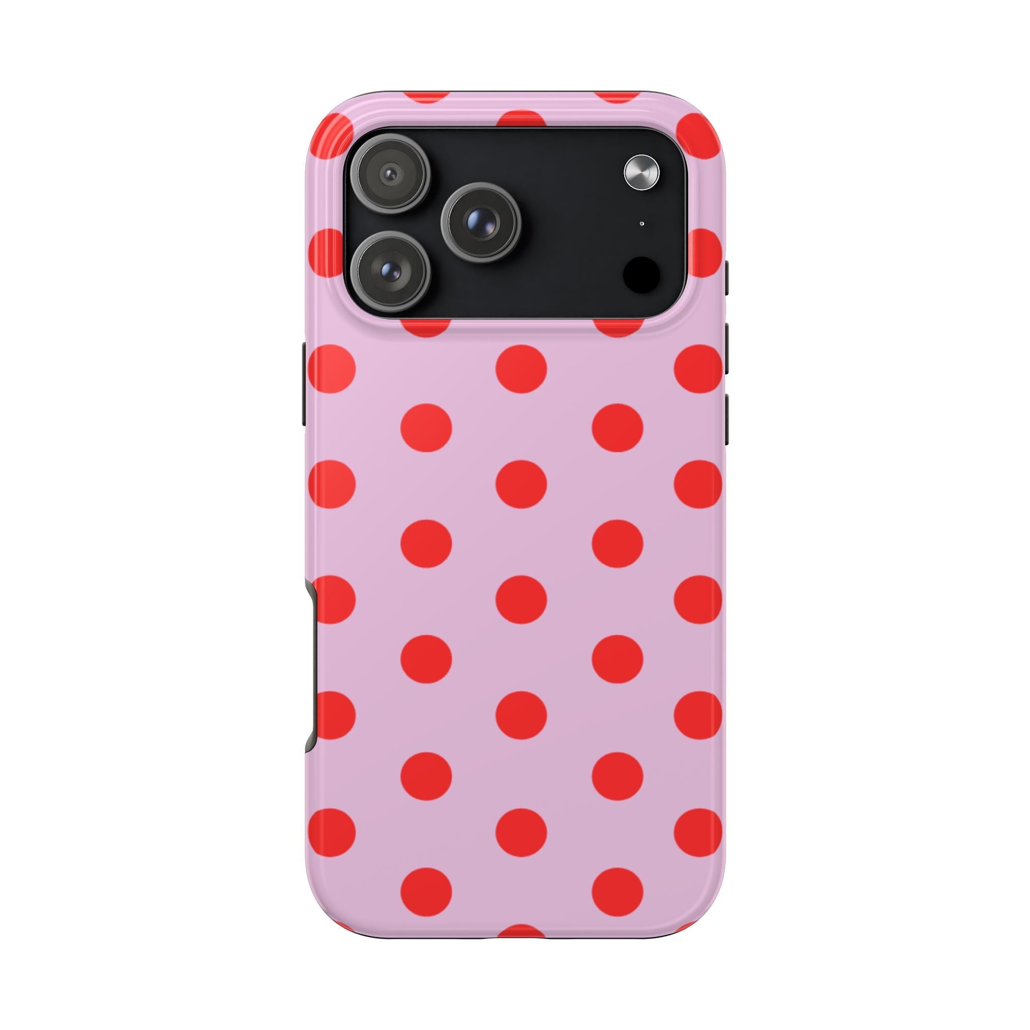 Pink phone case with red polka dots pattern and camera cutout on back