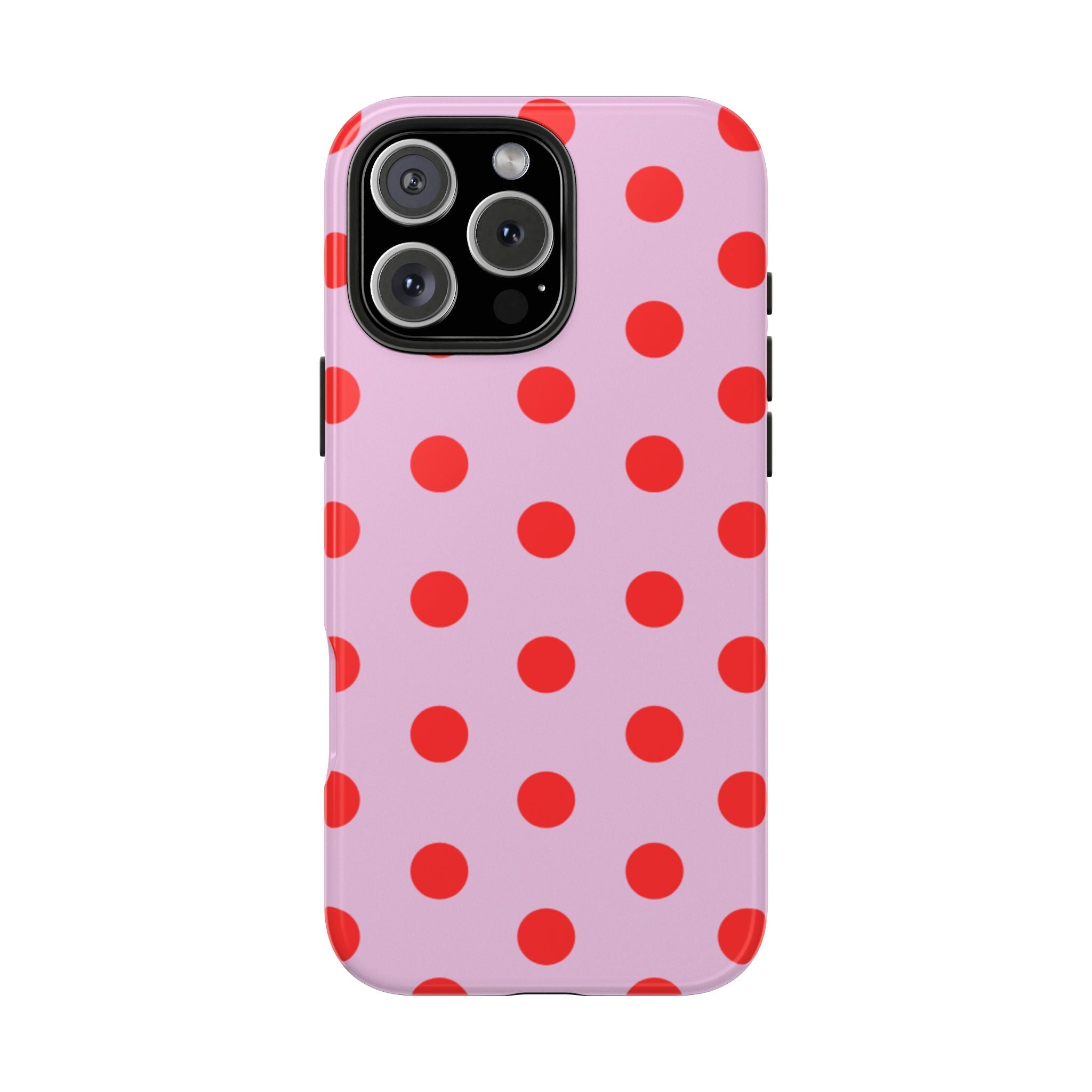 Pink polka dot phone case with red spots and raised camera area