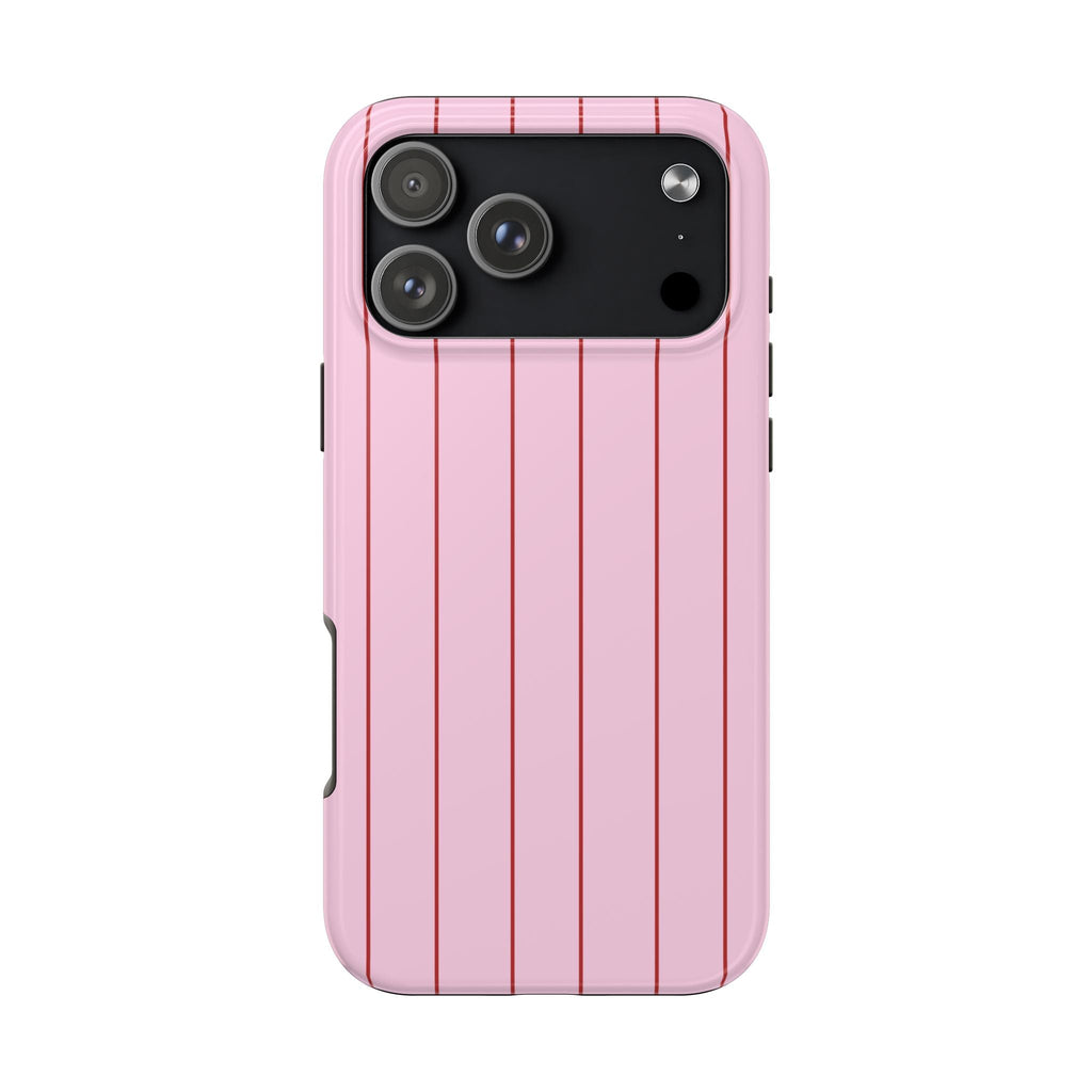 Pink phone case with red vertical stripes and camera cutout