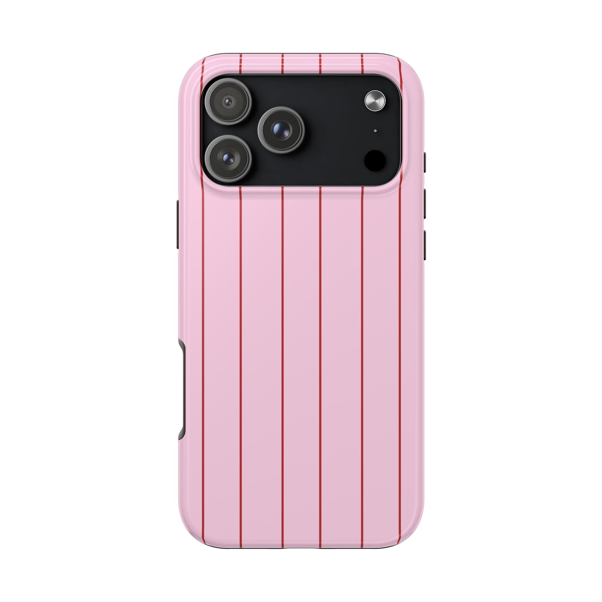 Pink phone case with red vertical stripes and camera cutout