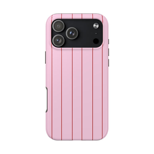 Pink phone case with red vertical stripes and camera cutout