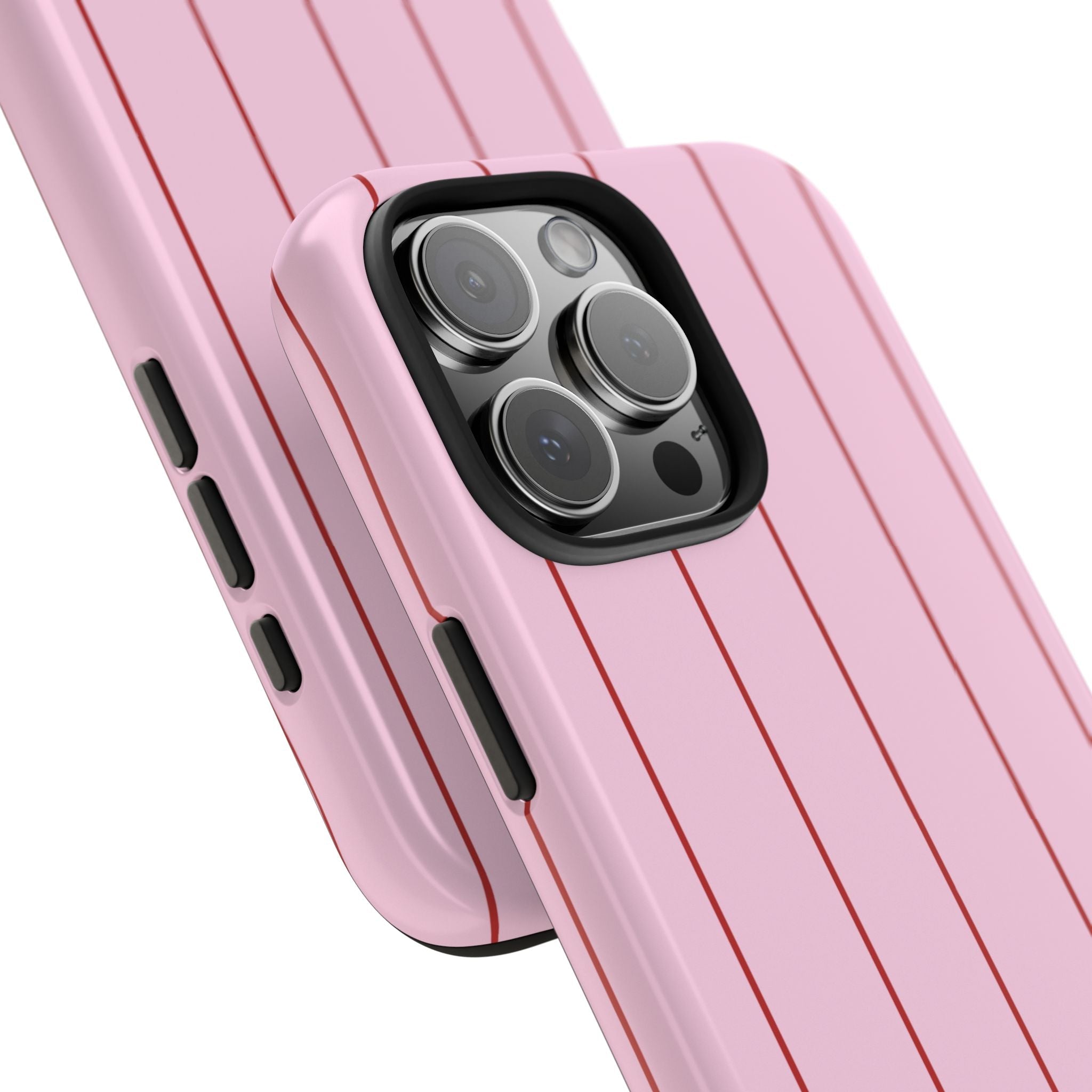 Angled view of pink phone case with red stripes, camera lenses, and side buttons