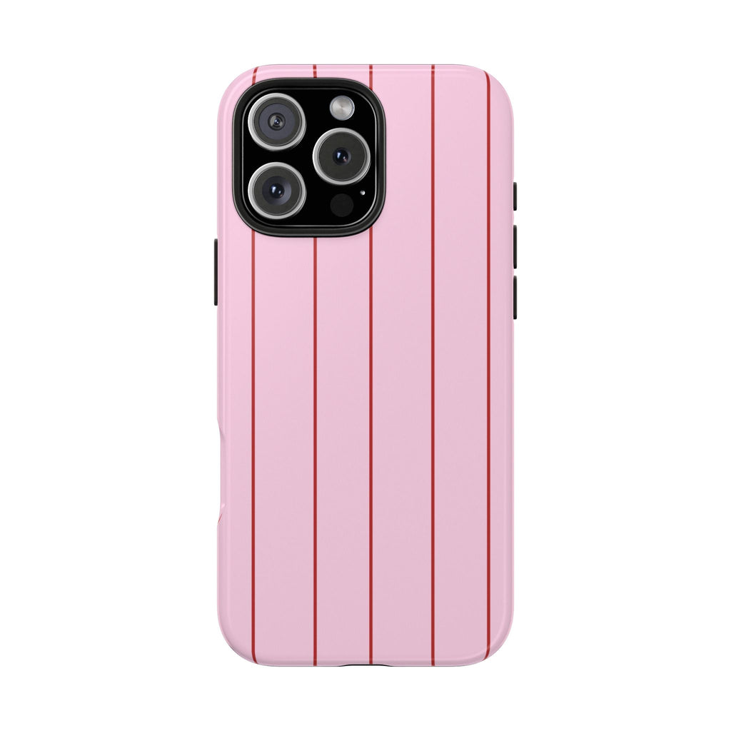 Pink phone case back with red striped pattern and raised camera frame