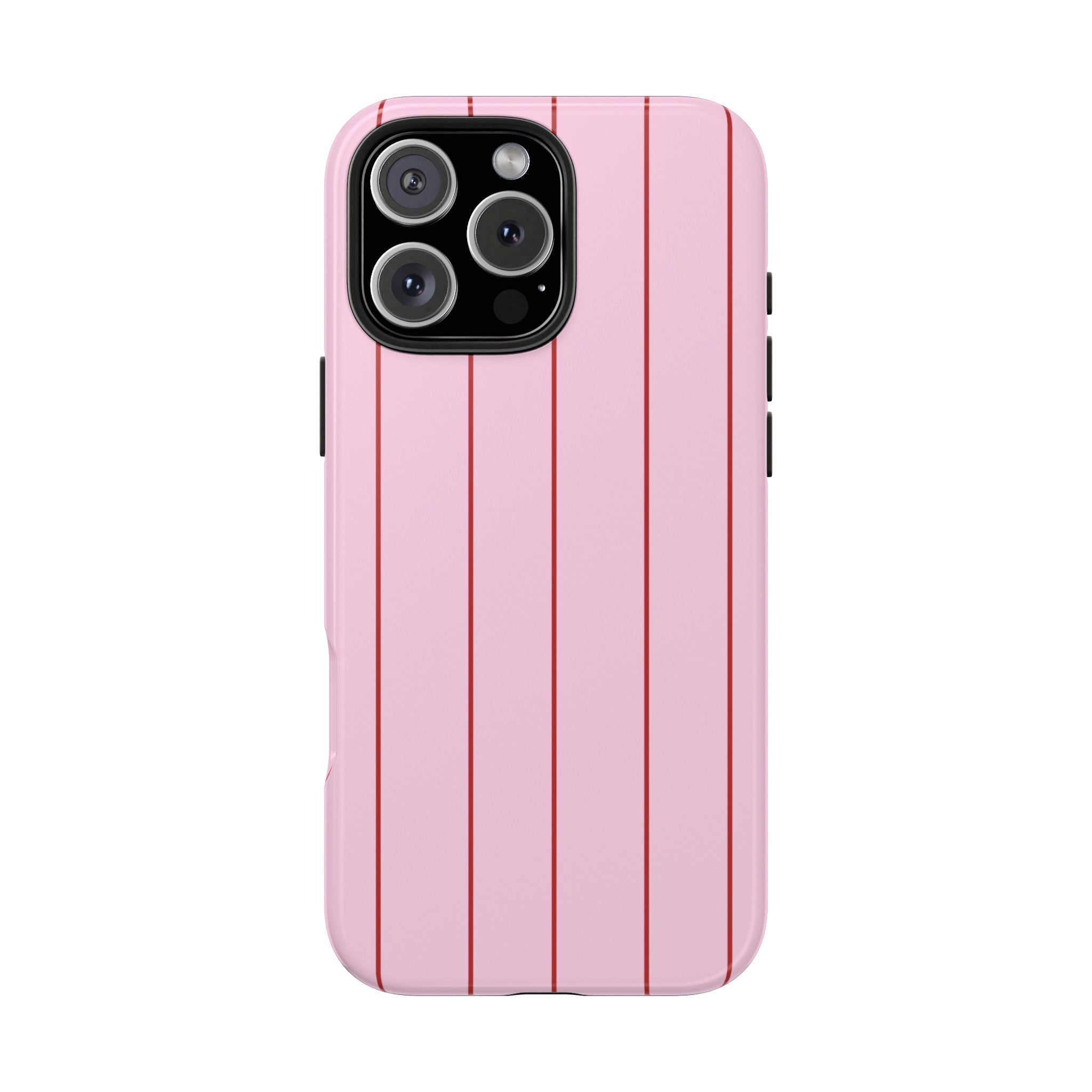 Pink phone case back with red striped pattern and raised camera frame