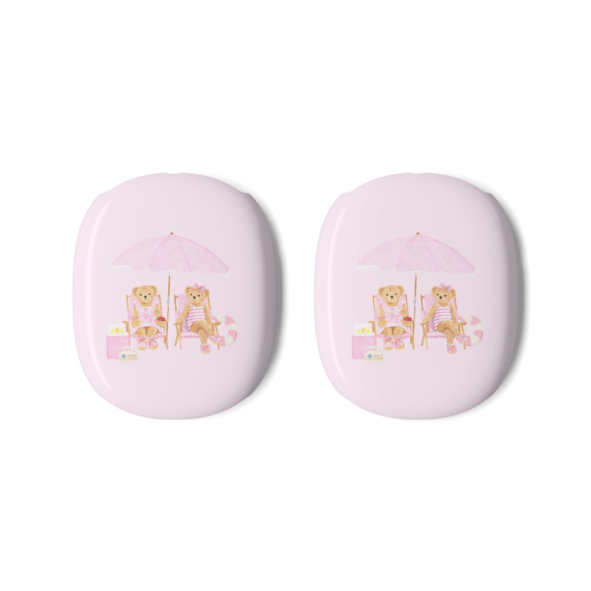 Pair of pink AirPods Max case covers with teddy bear umbrella graphic