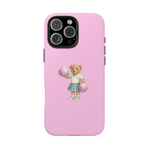 Pink glossy phone case with teddy cheerleader holding pom-poms, camera window