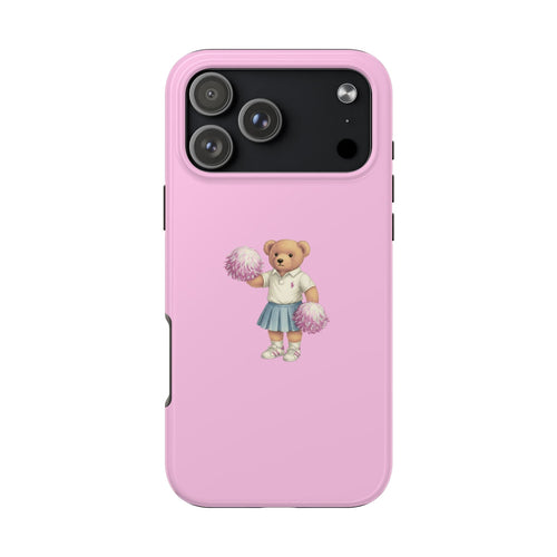 Pink phone case with teddy cheerleader graphic and raised camera cutout