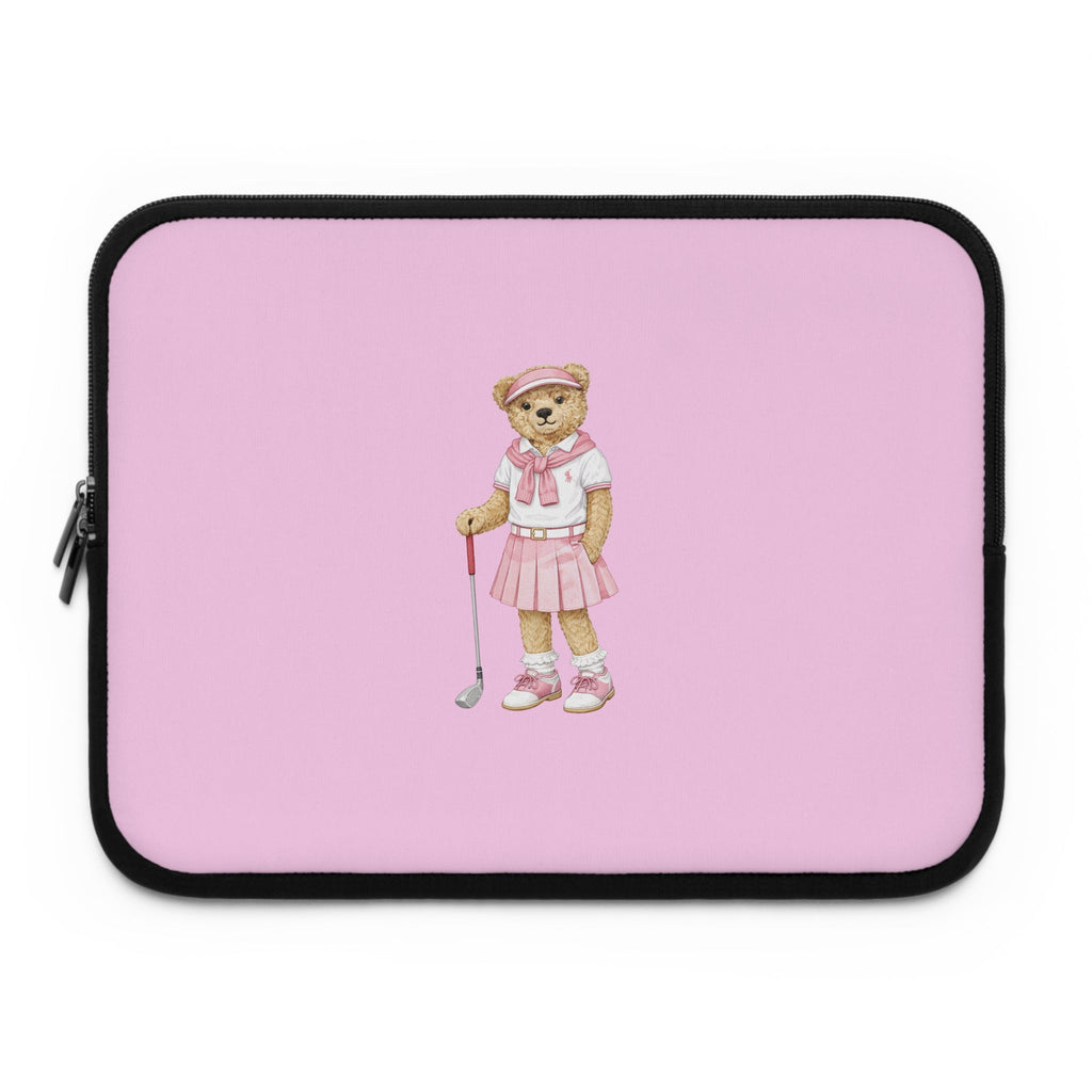 Pink neoprene tablet or laptop sleeve with black trim and teddy bear golf club patch