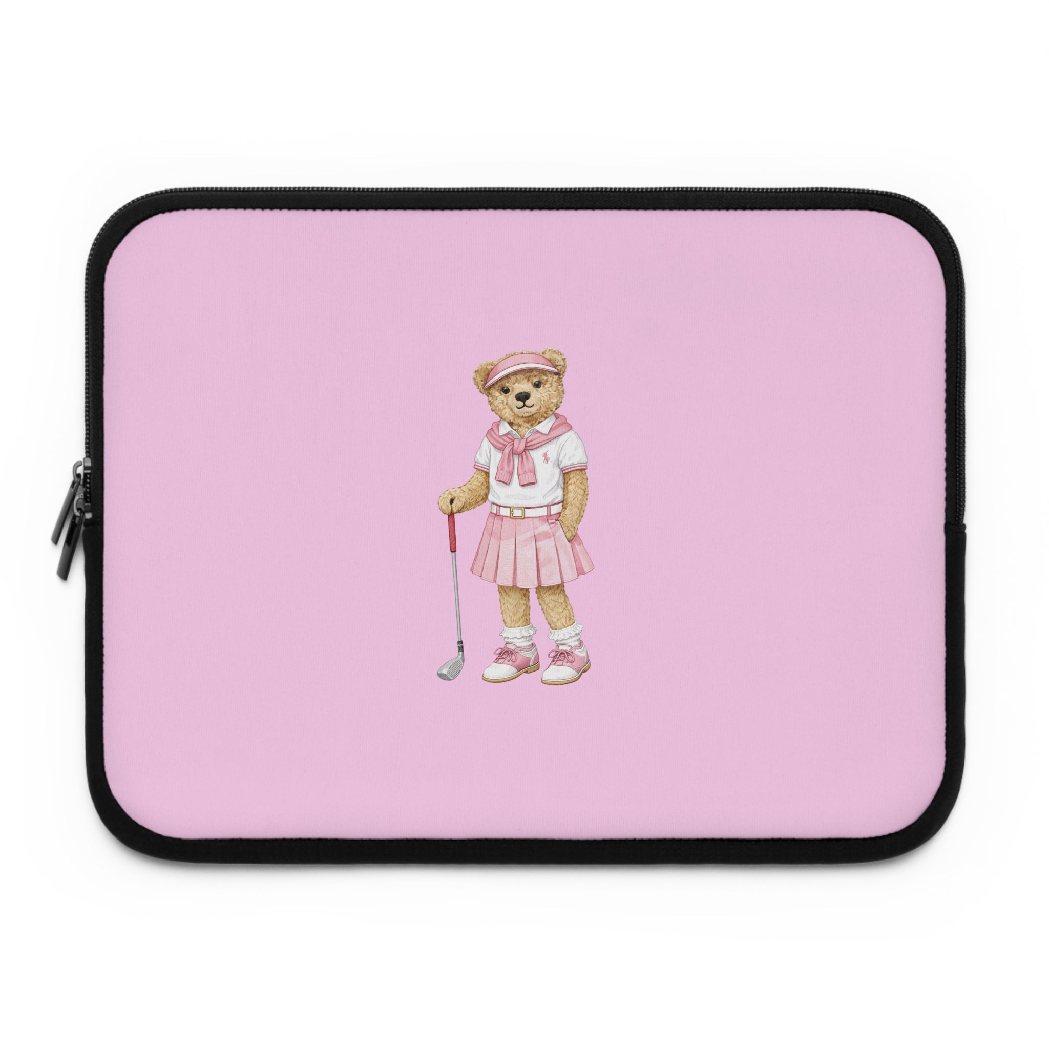 Pink neoprene tablet or laptop sleeve with black trim and teddy bear golf club patch