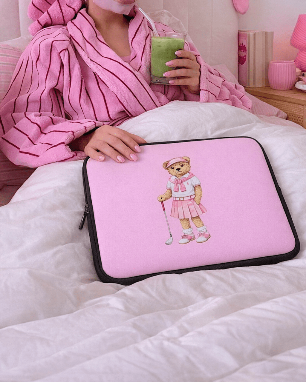 Pink teddy bear golf club neoprene sleeve with illustrated bear front, black zipper