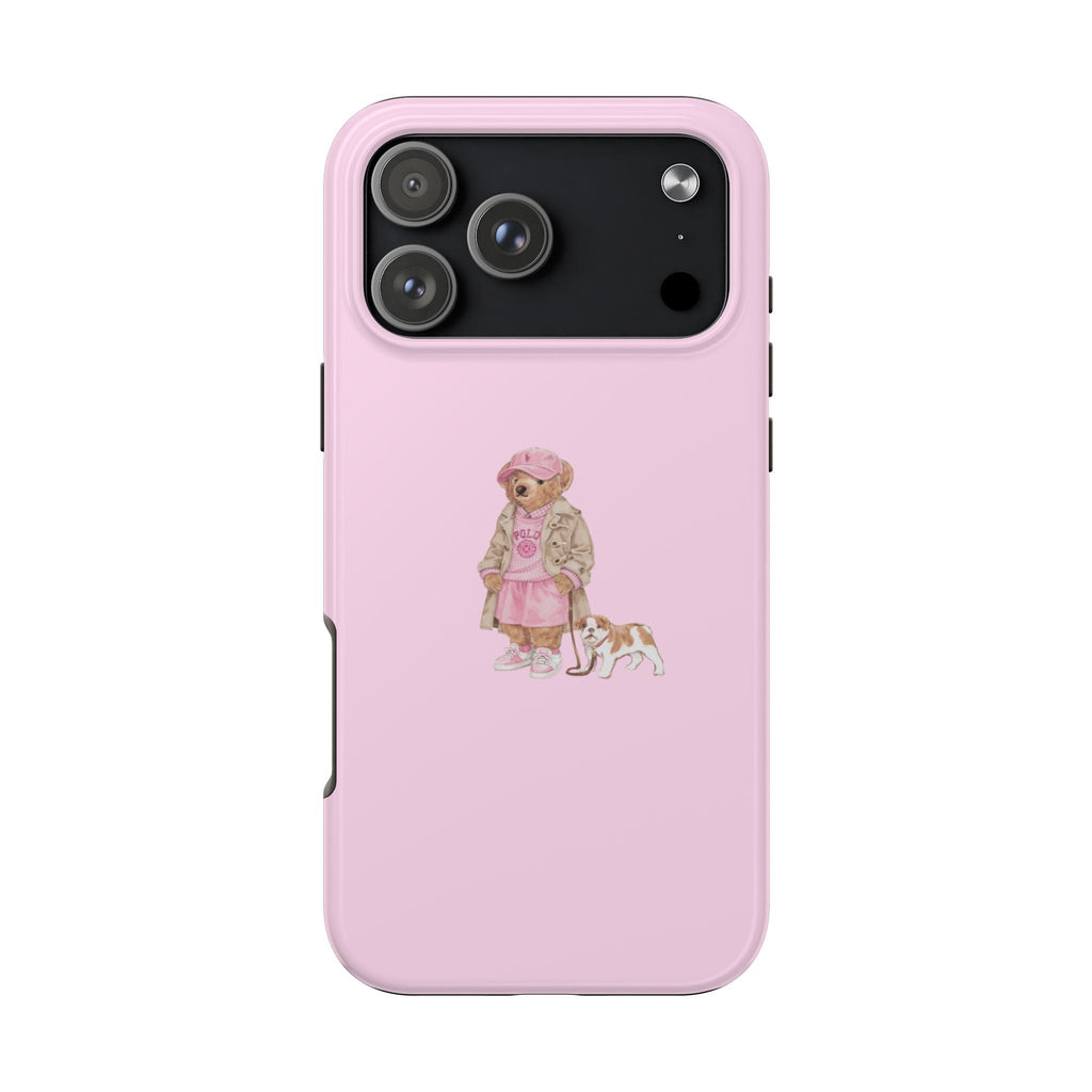 Light pink phone case with teddy bear girl design and camera module opening