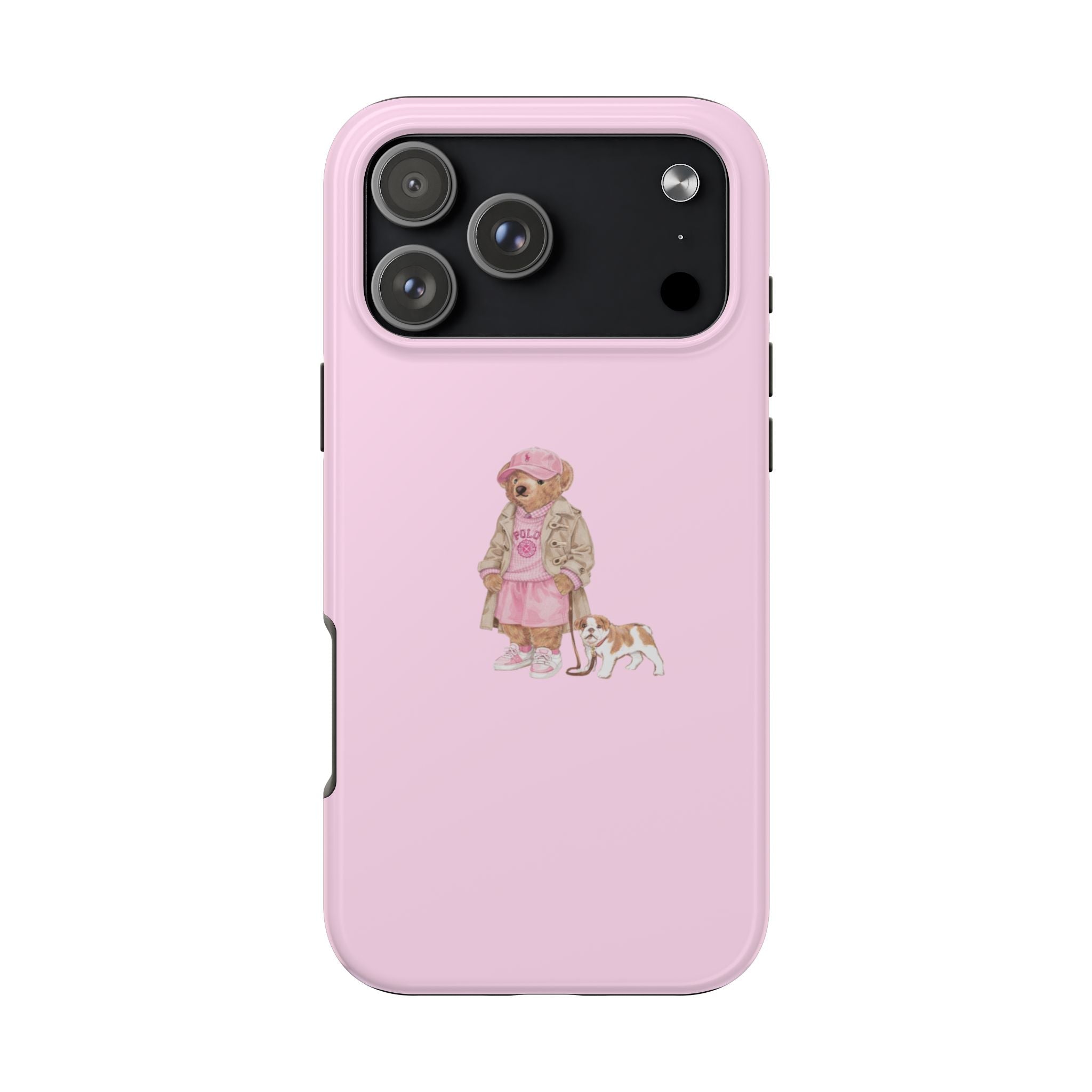 Light pink phone case with teddy bear girl design and camera module opening